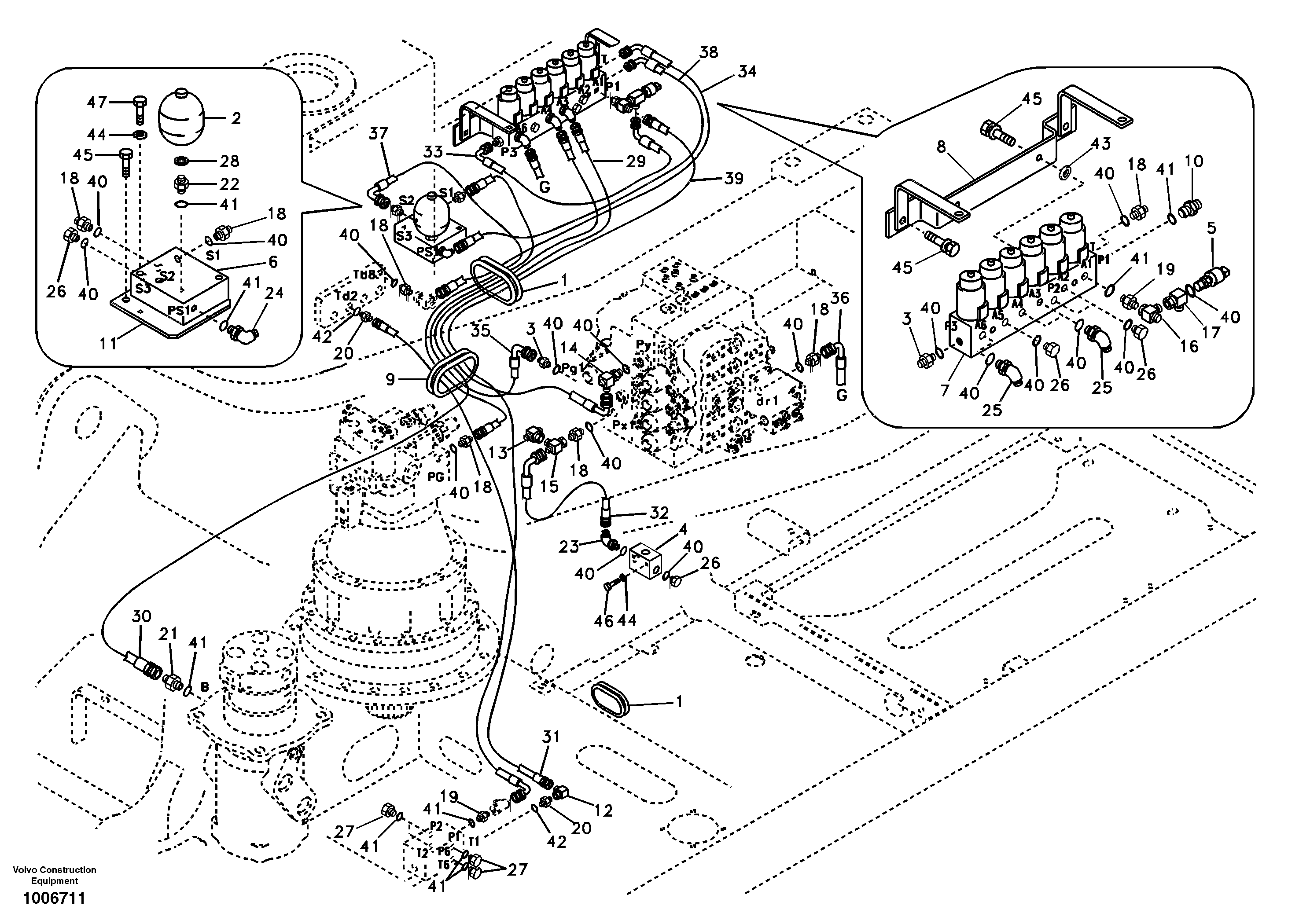 Схема запчастей Volvo EC290B - 64696 Servo system, control valve to solenoid valve EC290B