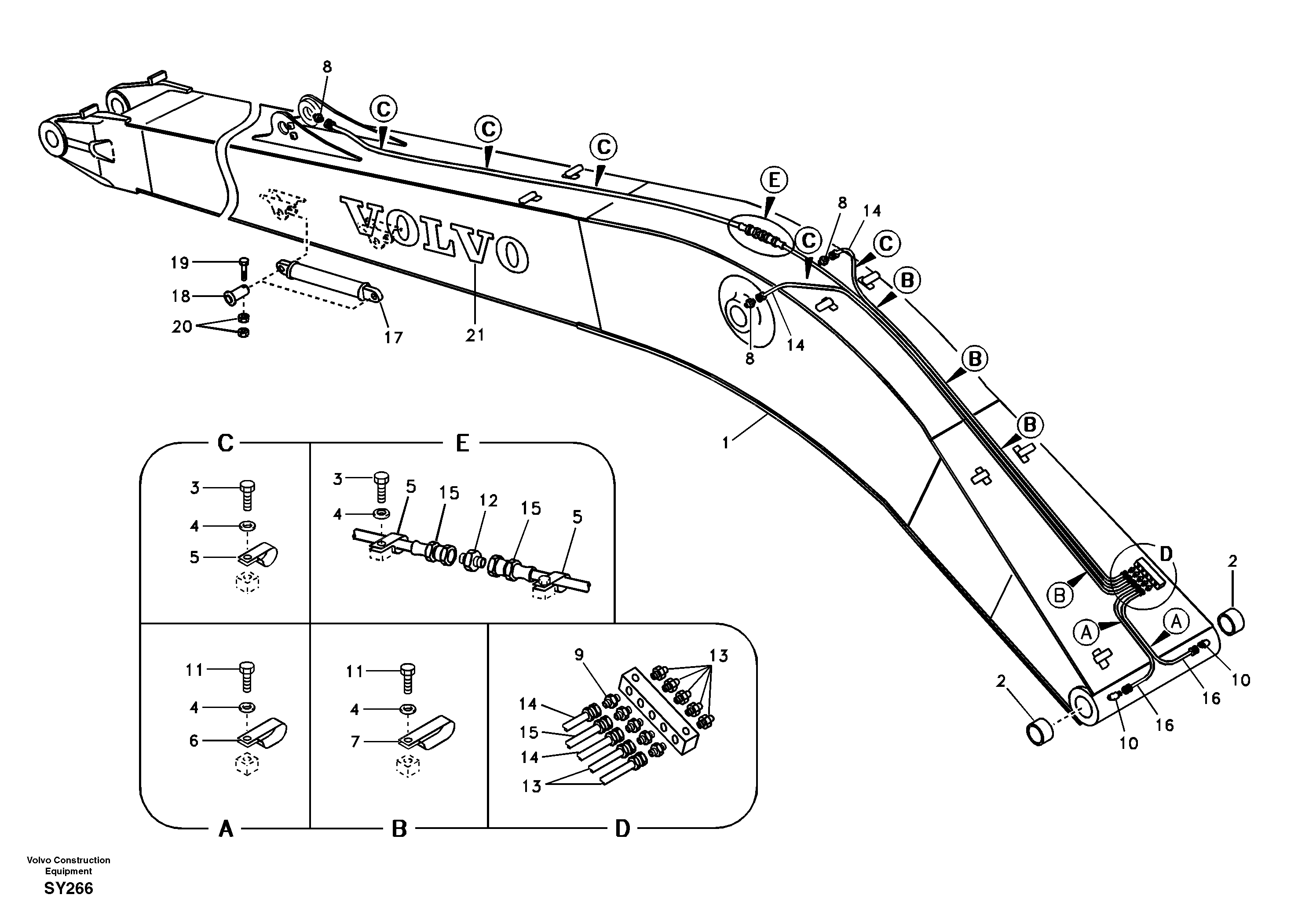 Схема запчастей Volvo EC290B - 58144 Boom and grease piping, long reach EC290B
