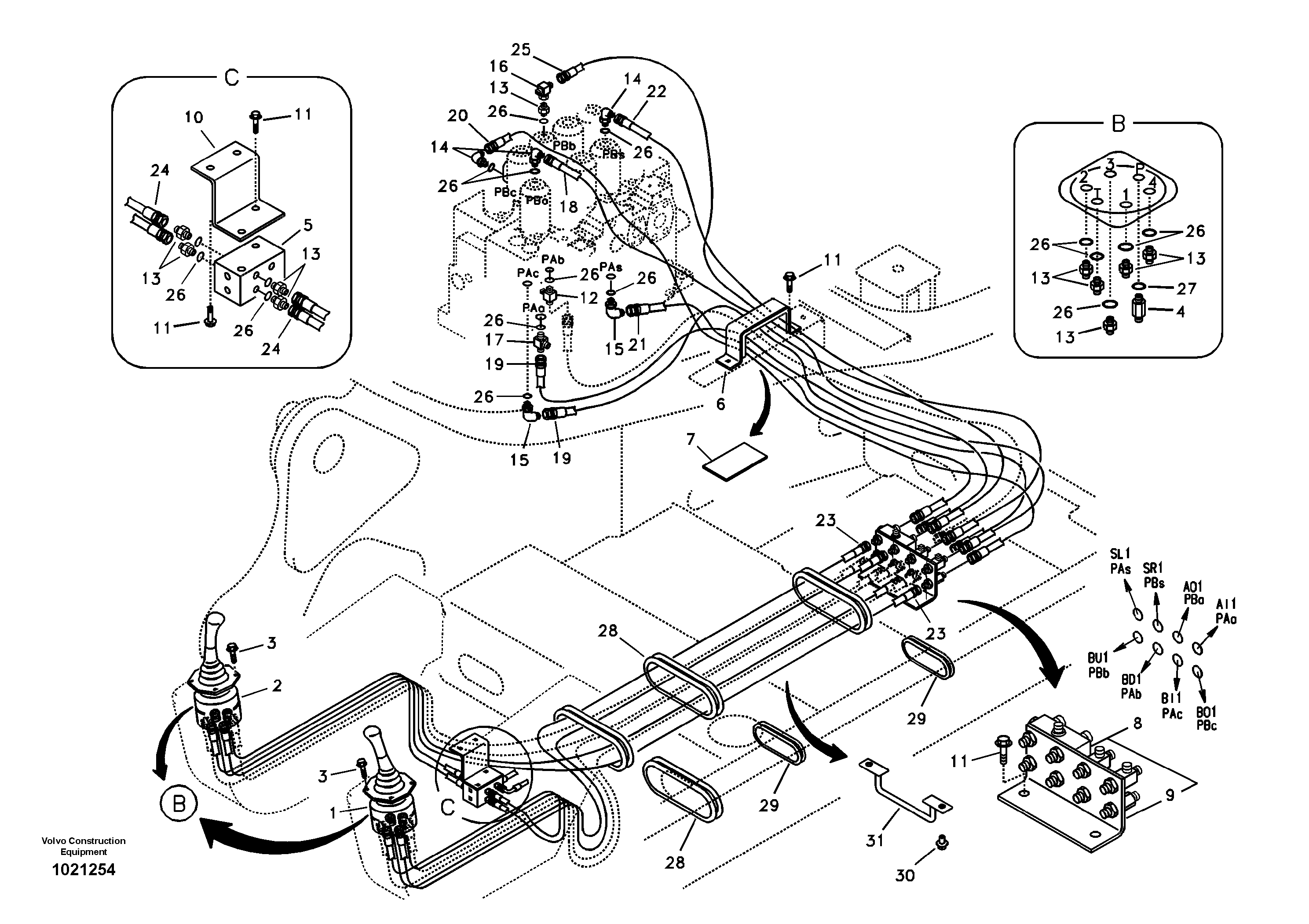 Схема запчастей Volvo EC360B - 92128 Servo system, control valve to remote control valve EC360B SER NO INT 12152- EU&NA 80001-