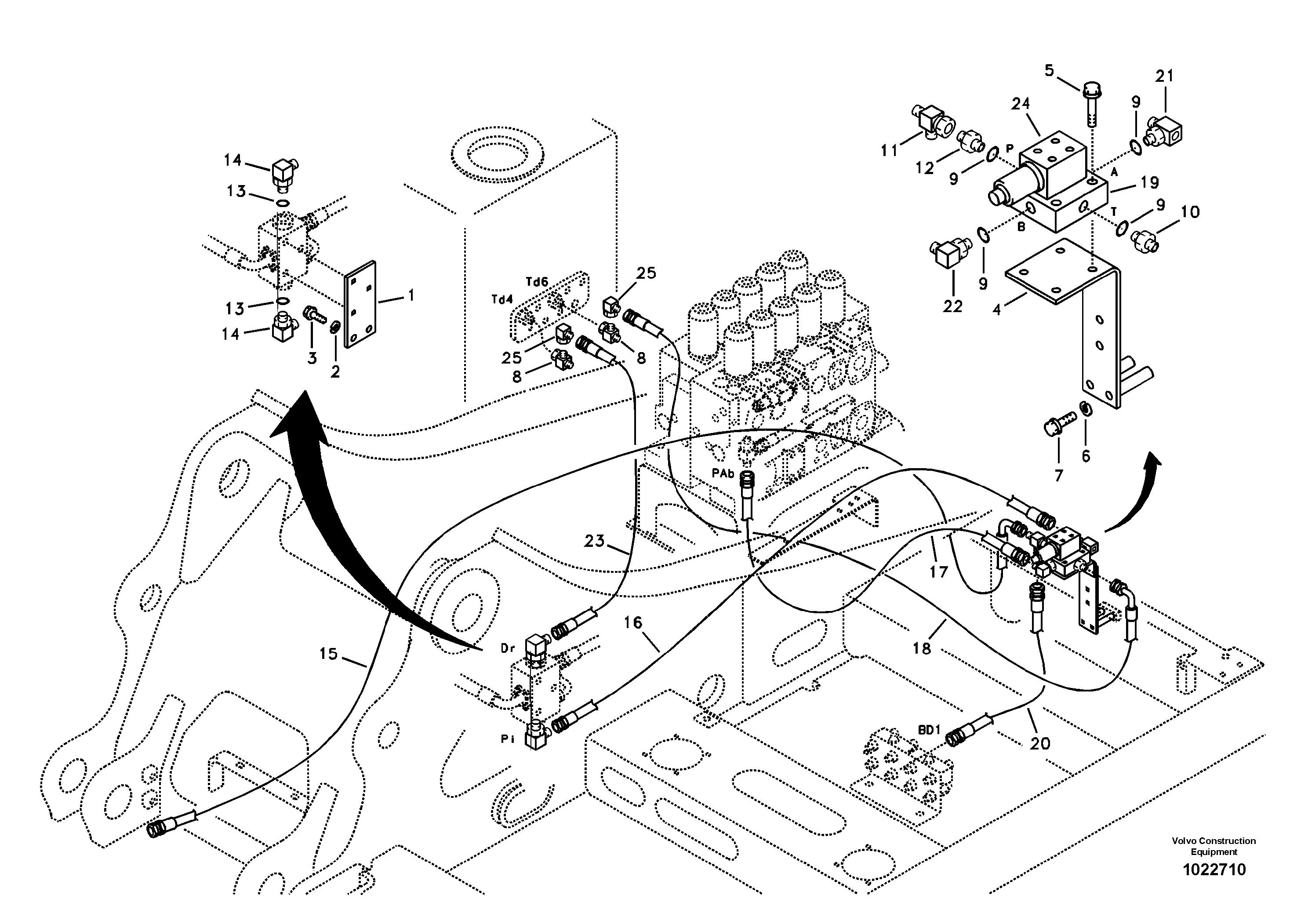 Схема запчастей Volvo EC360B - 93597 Servo system, control valve to solenoid valve EC360B SER NO INT 12152- EU&NA 80001-
