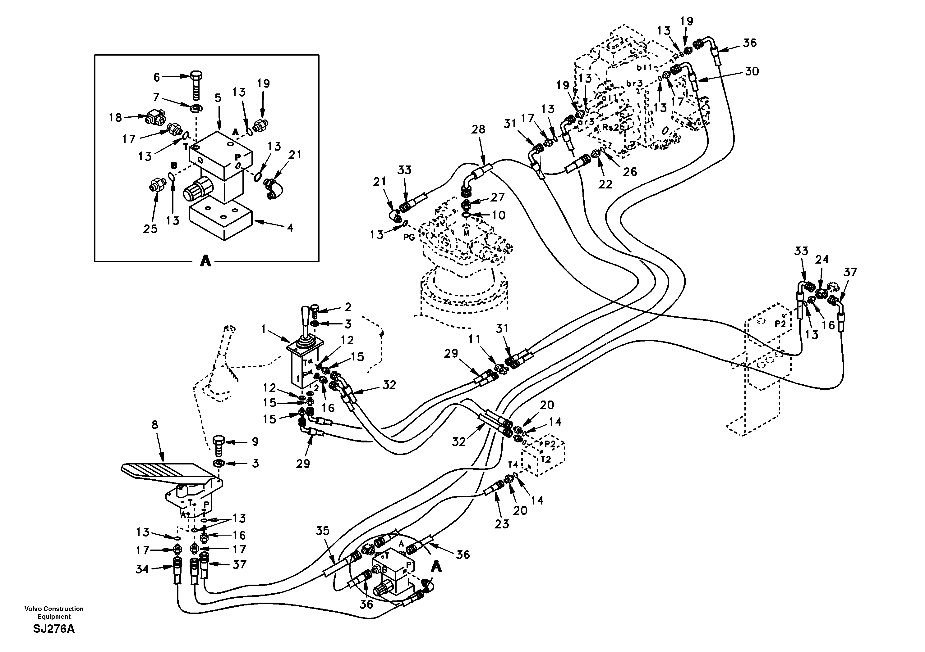 Схема запчастей Volvo EW170 - 48592 Servo system, control valve to remote control valve pedal EW170 & EW180 SER NO 3031-