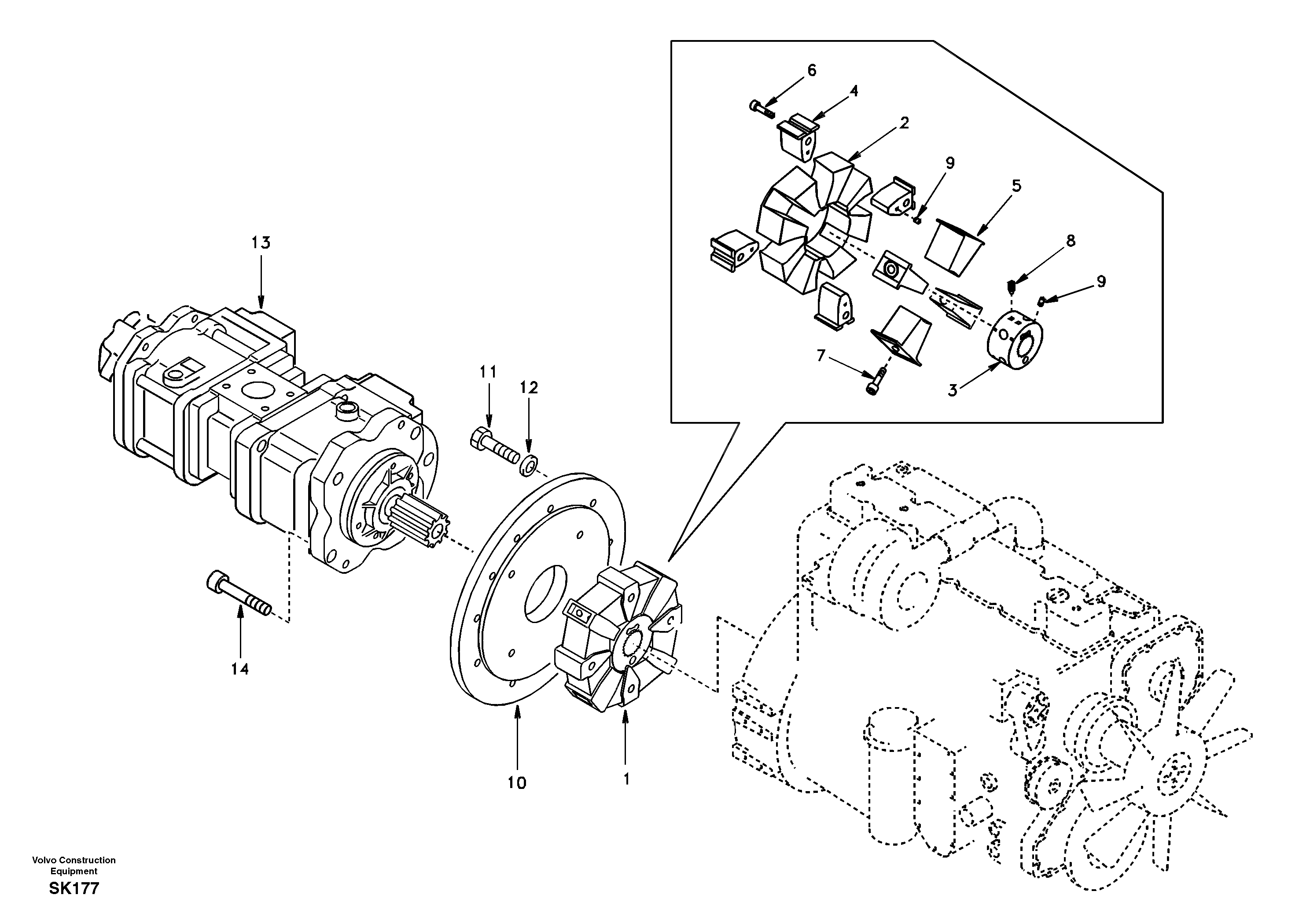 Схема запчастей Volvo EW170 - 6107 Pump gearbox with assembling parts EW170 SER NO 3031-