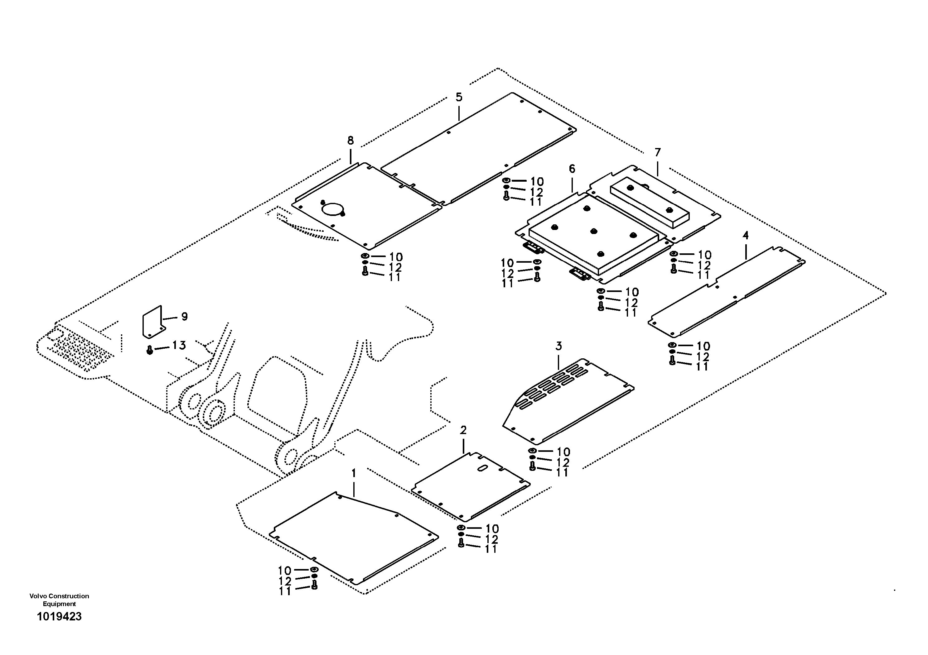 Схема запчастей Volvo EC460B - 13462 Hatches under engine, hydr.pumps, cooler, m.valve and fuel tank EC460B SER NO INT 11515- EU&NA 80001-