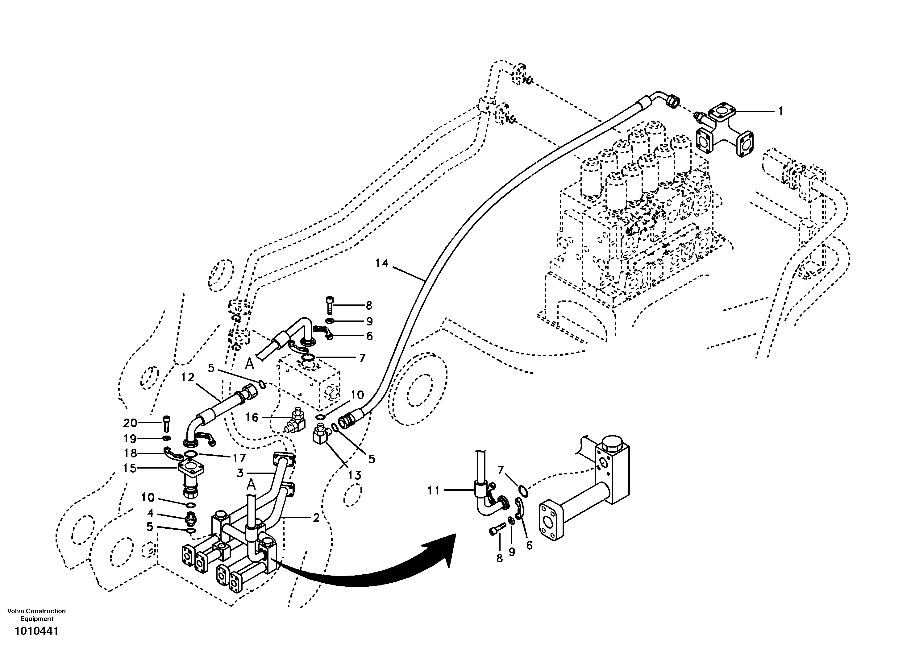 Схема запчастей Volvo EC460B - 7649 Hydraulic system, control valve to boom and swing EC460B SER NO INT 11515- EU&NA 80001-