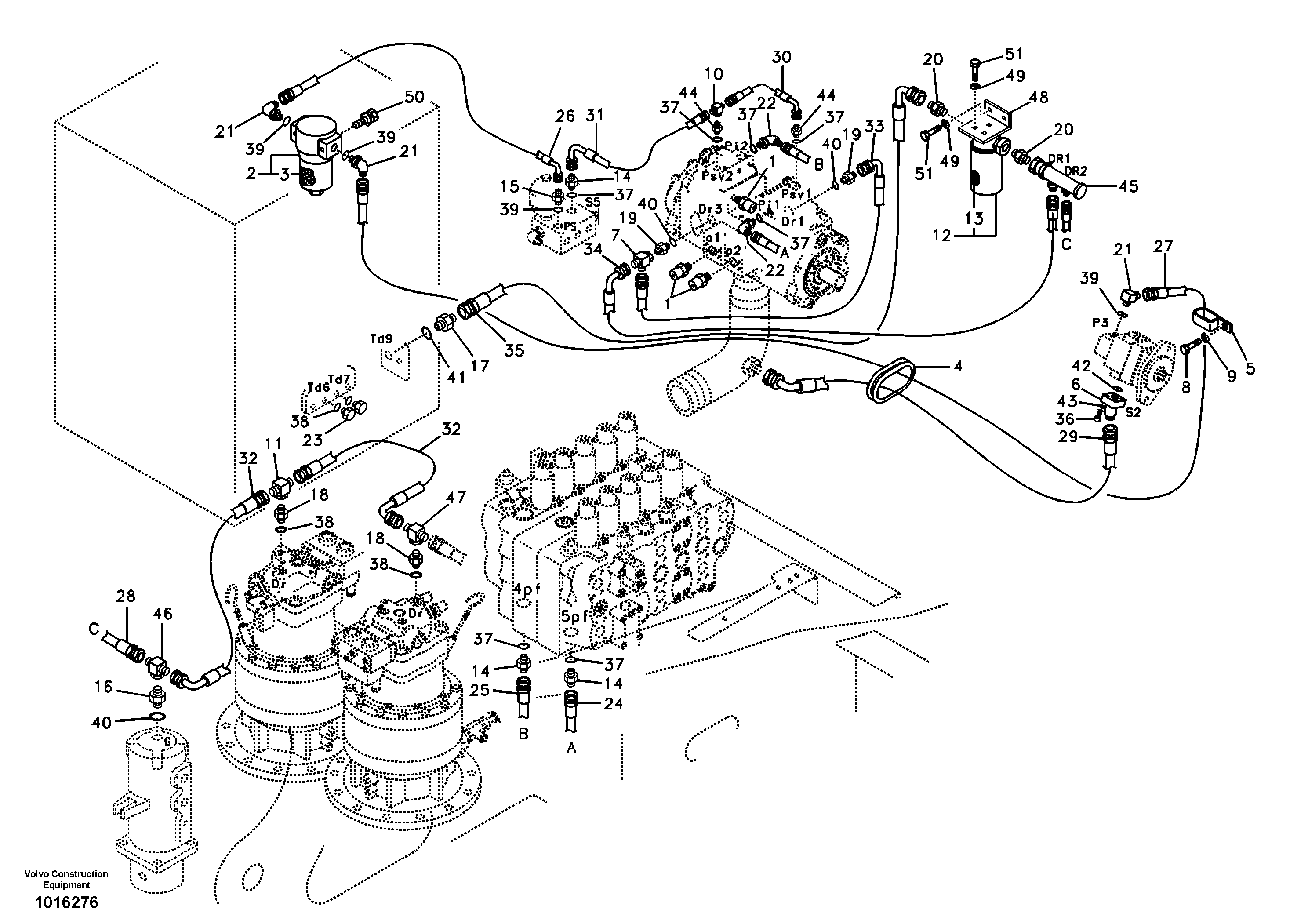 Схема запчастей Volvo EC460B - 47562 Servo system, pump piping and filter mount EC460B