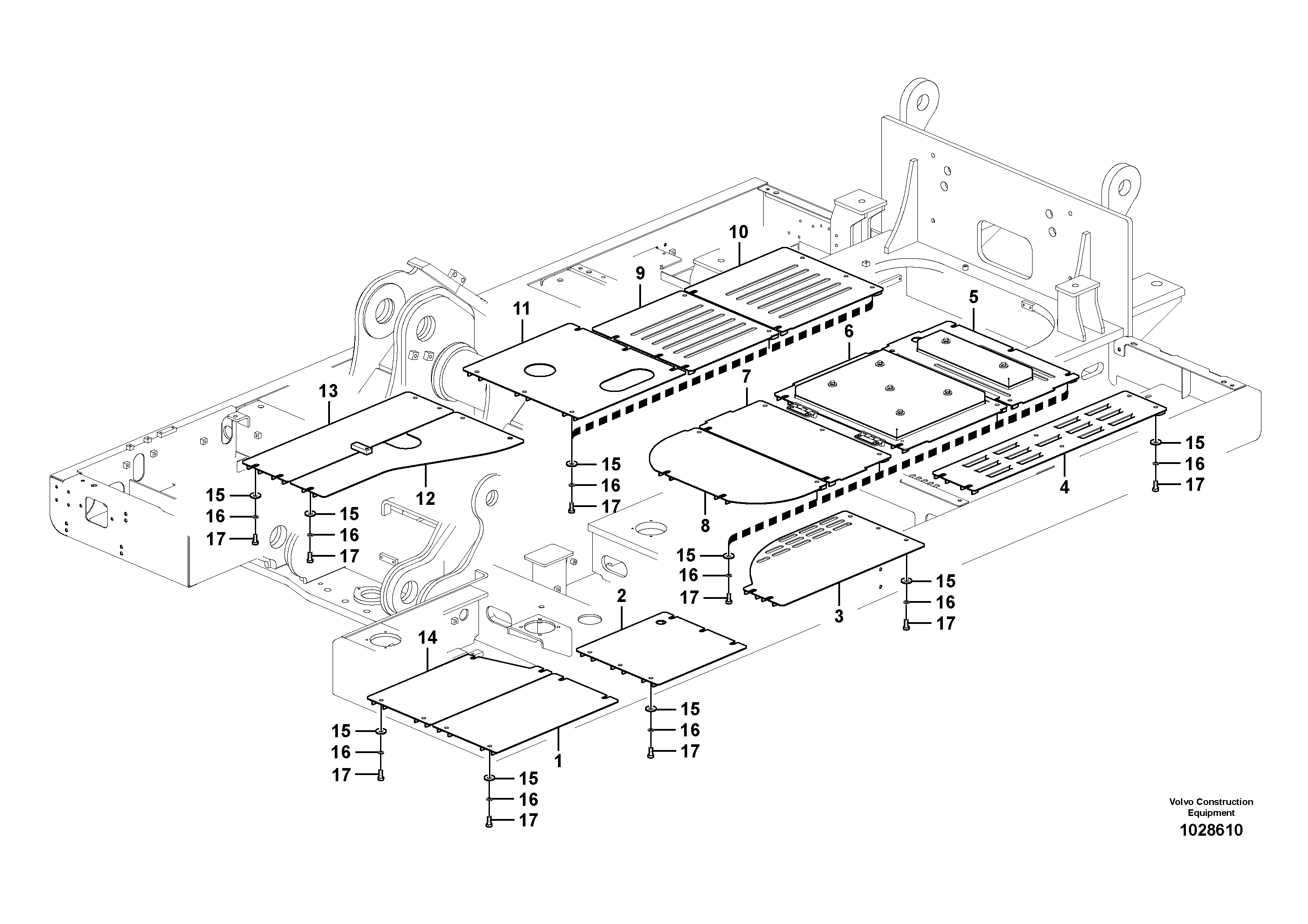 Схема запчастей Volvo EC460C - 19594 Hatches under engine, hydr.pumps, cooler, m.valve and fuel tank EC460C
