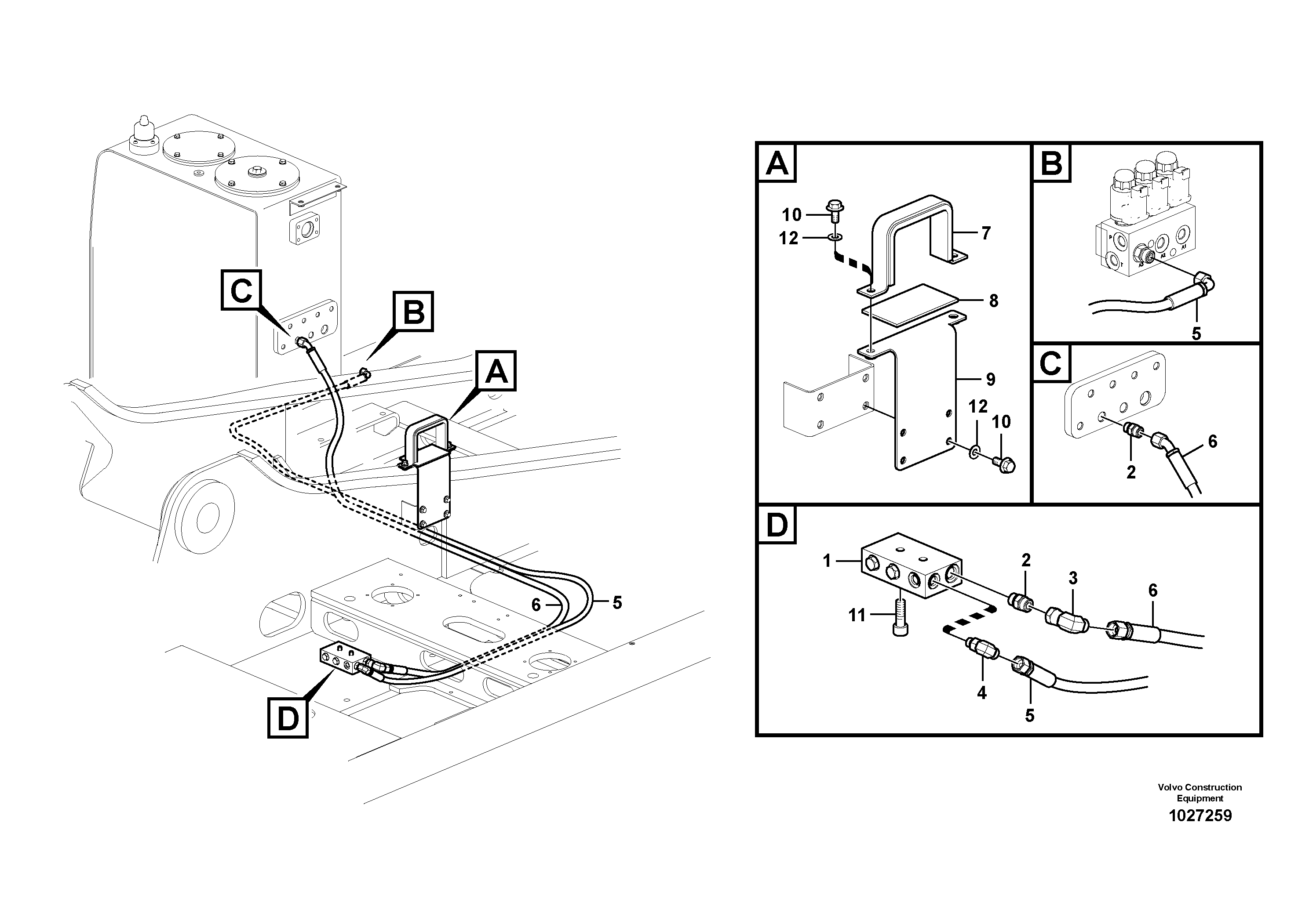 Схема запчастей Volvo EW140C - 48722 Servo system, control valve to solenoid valve EW140C