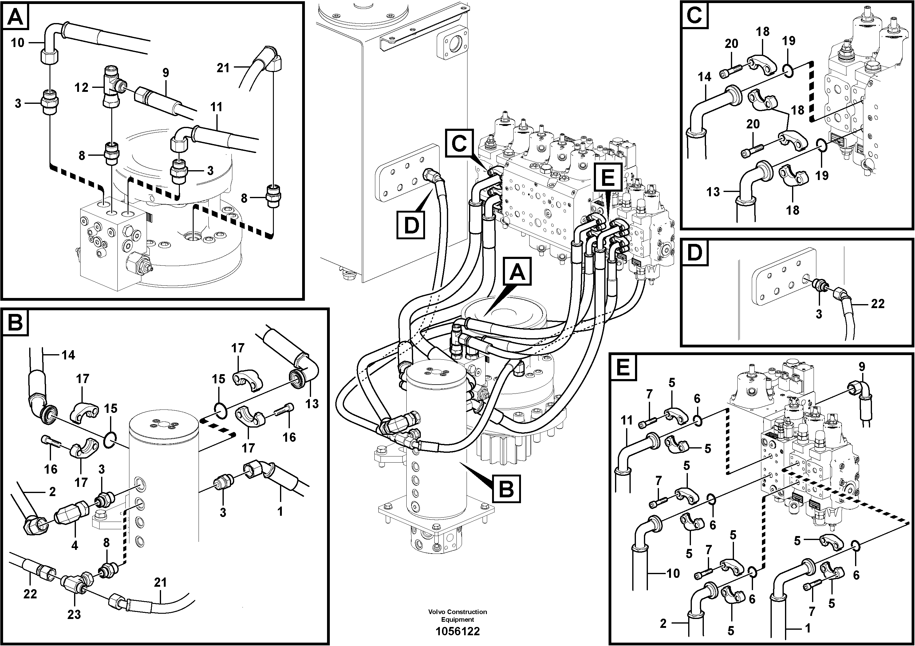 Схема запчастей Volvo EW160C - 106249 Turning joint line, control valve to turning joint EW160C