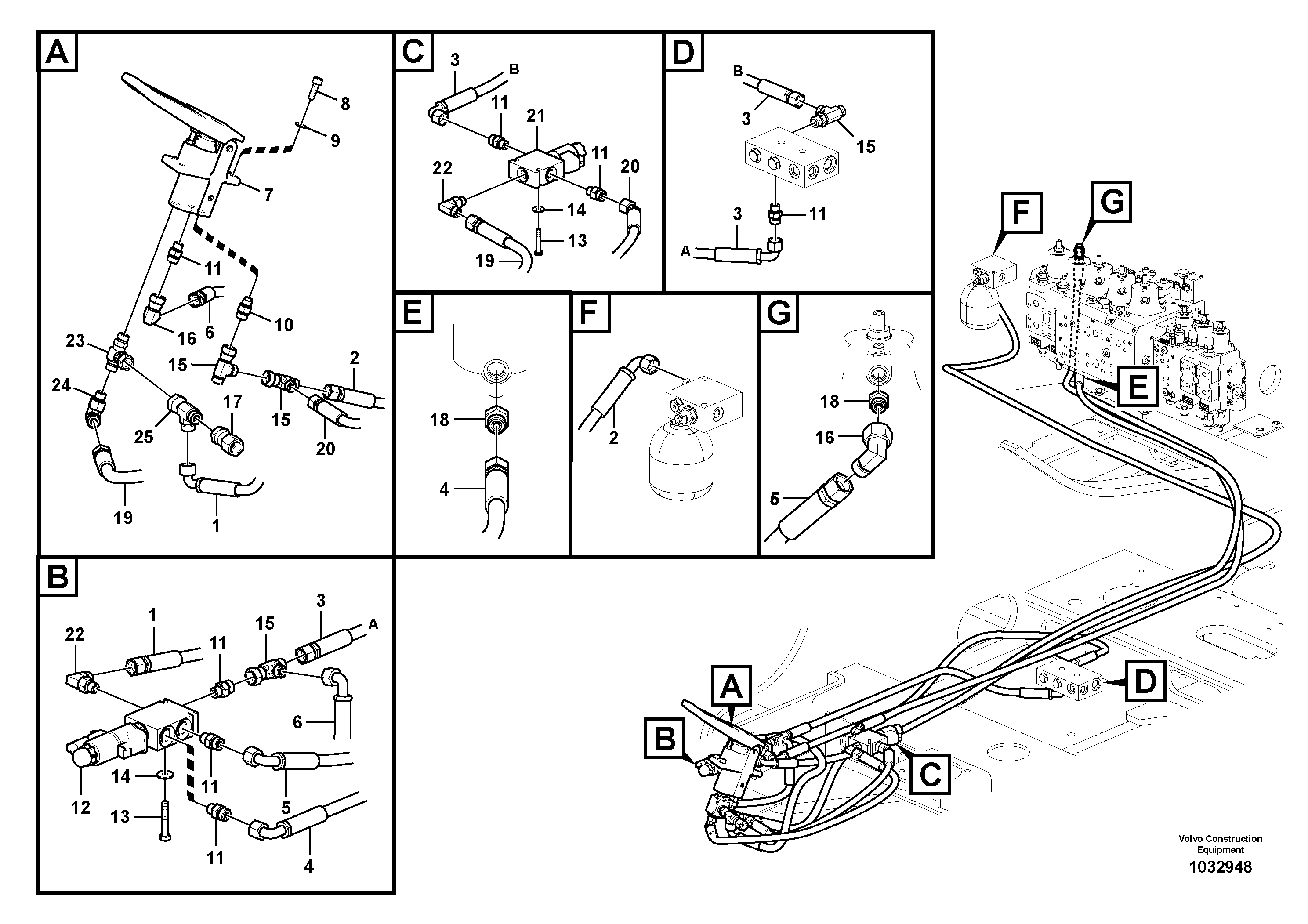 Схема запчастей Volvo EW160C - 85941 Servo system, control valve to remote control valve pedal EW160C