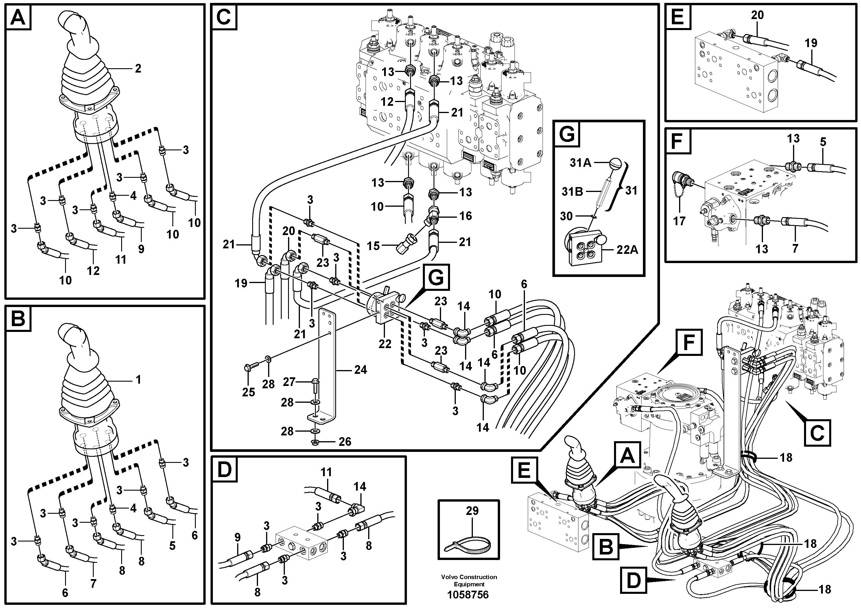 Схема запчастей Volvo EW180C - 105917 Servo system, control valve to remote control valve EW180C