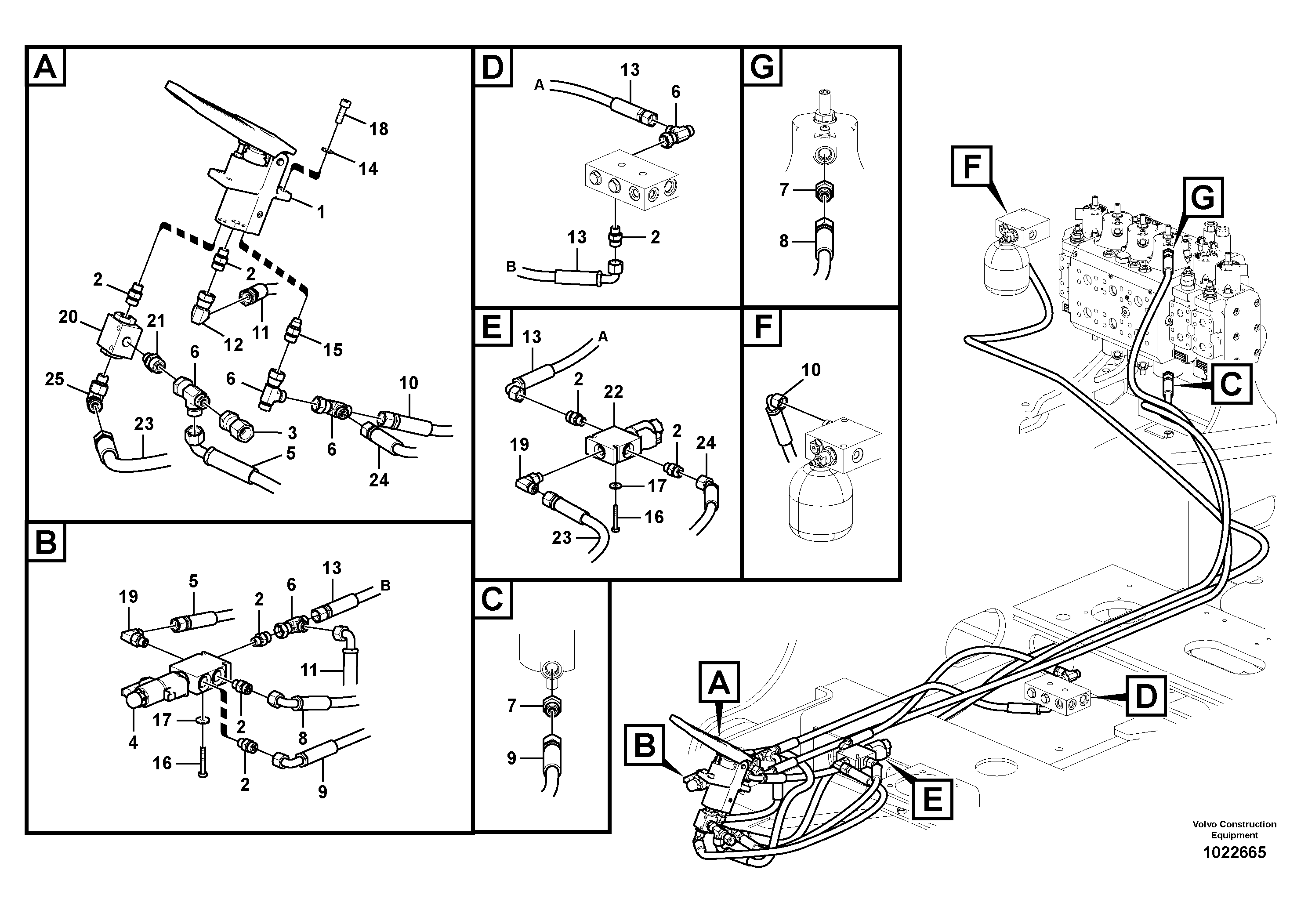 Схема запчастей Volvo EW180C - 22610 Servo system, control valve to remote control valve pedal EW180C