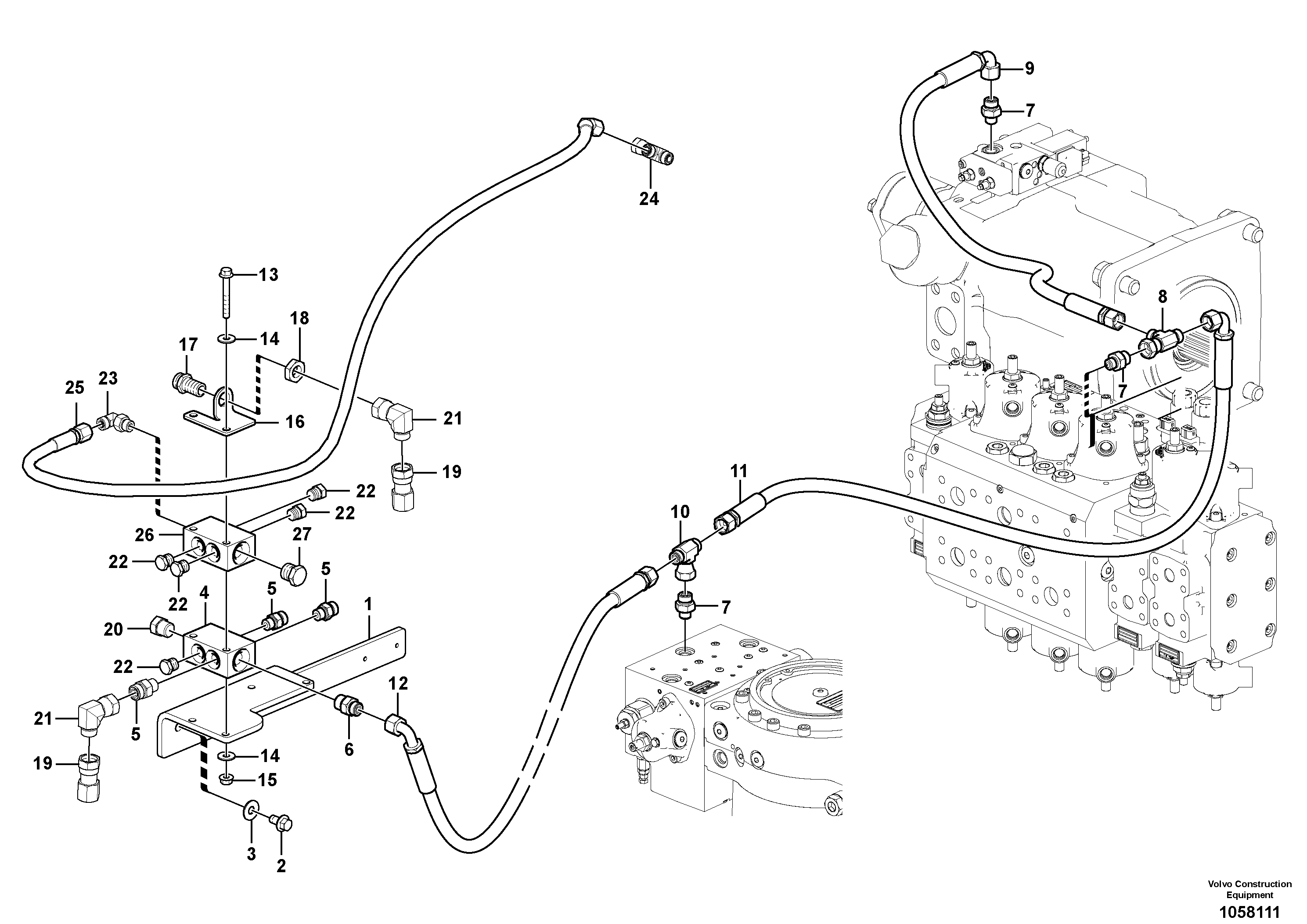 Схема запчастей Volvo EW180C - 87589 Servo system, pump piping and filter mount EW180C