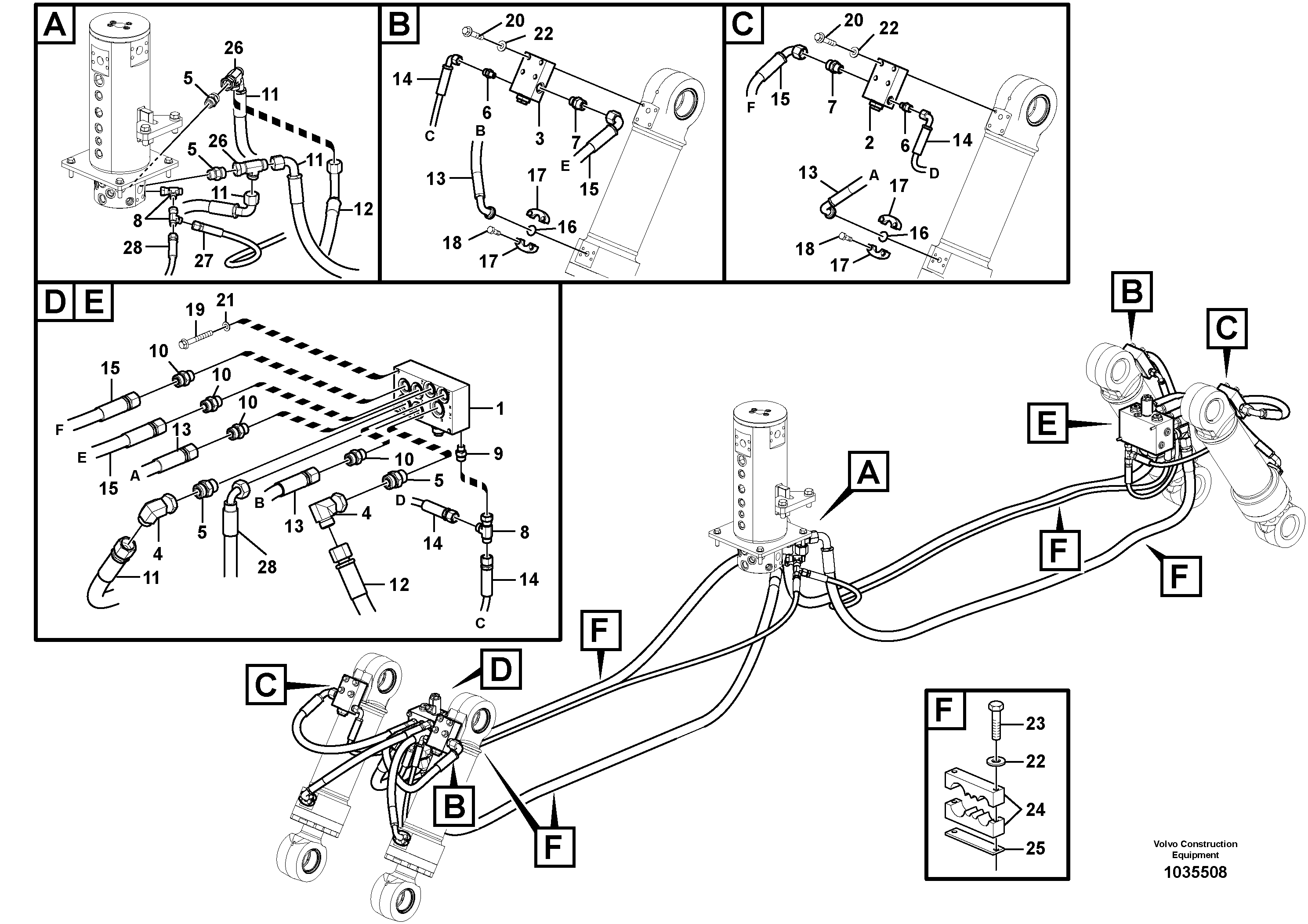 Схема запчастей Volvo EW180C - 103502 Working hydraulics, front and rear dozer blade EW180C