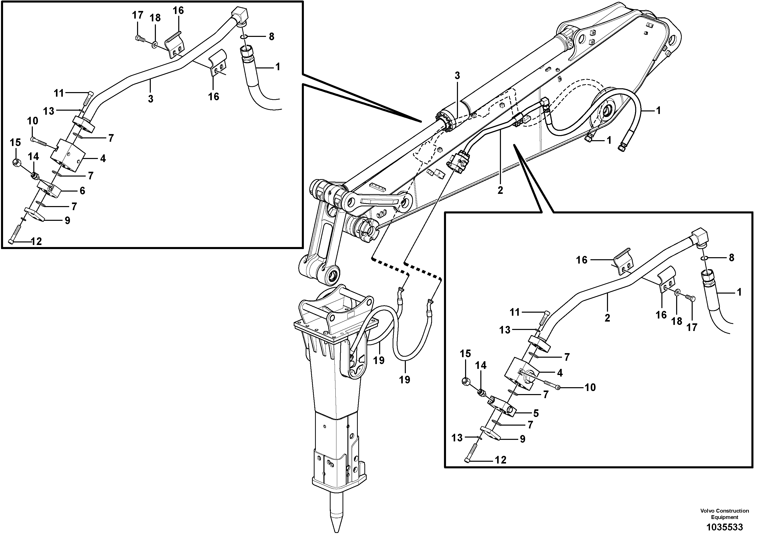 Схема запчастей Volvo EW180C - 86157 Working hydraulic, hammer and shear for dipper arm EW180C