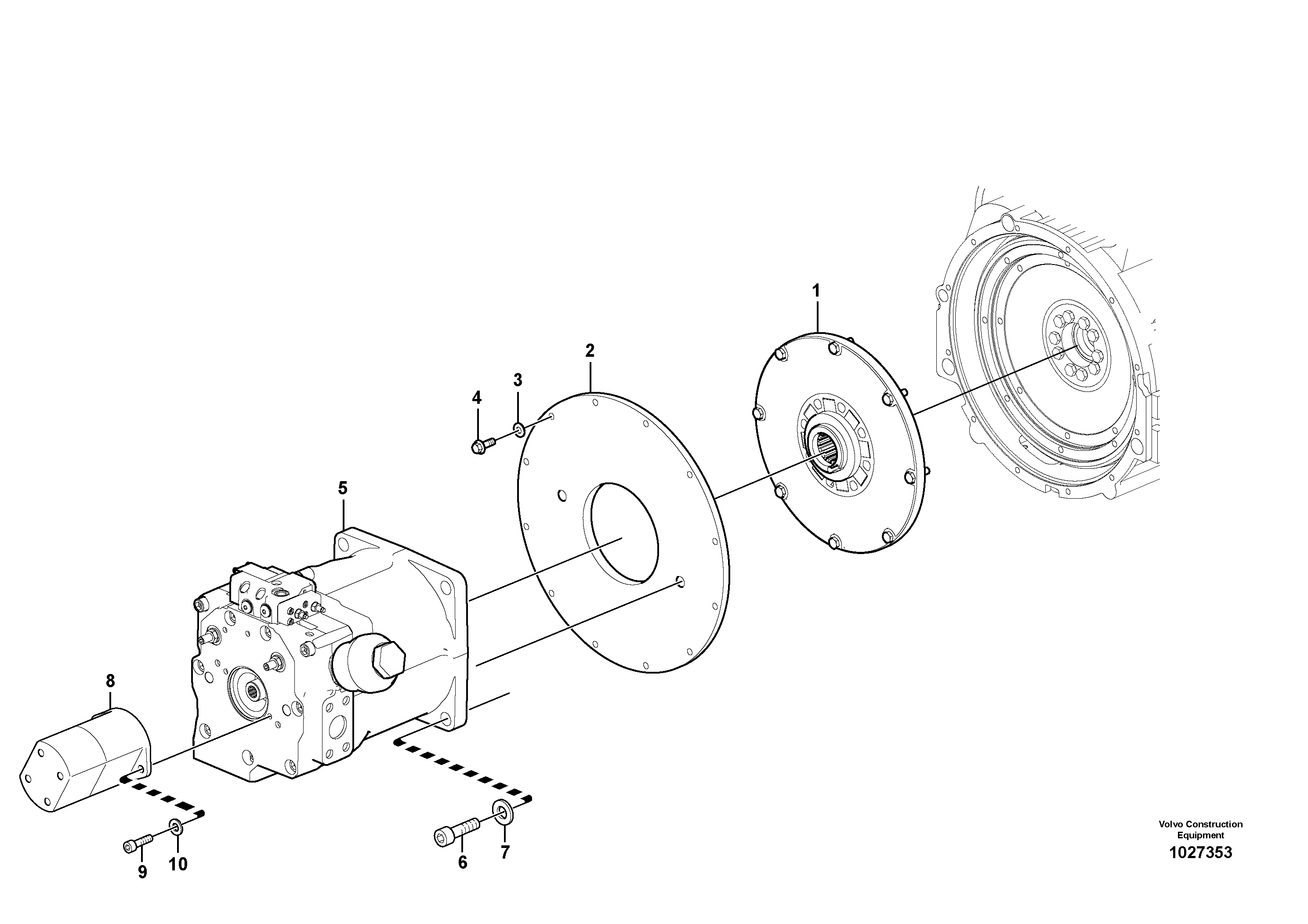 Схема запчастей Volvo EW180C - 66596 Pump gearbox with assembling parts EW180C