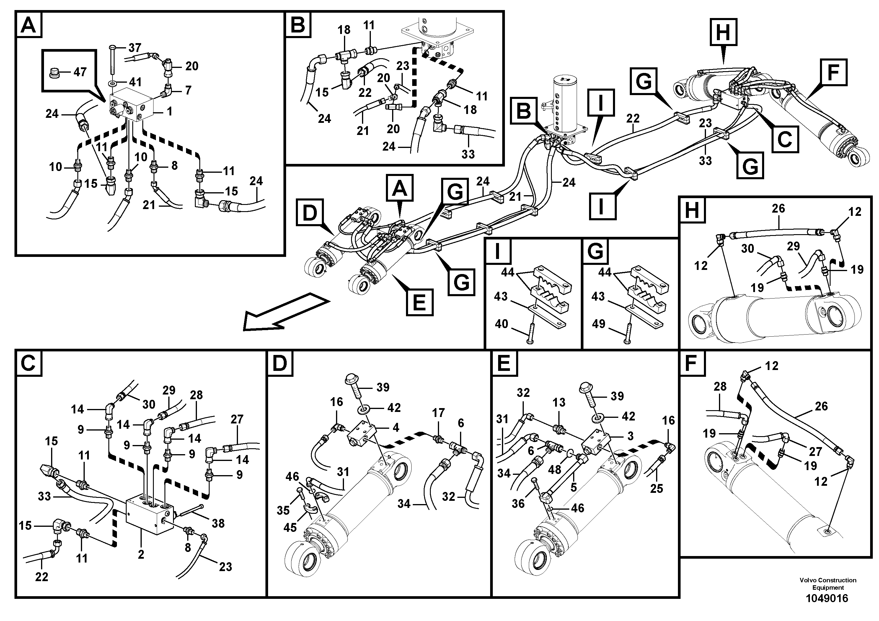 Схема запчастей Volvo EW210C - 106891 Working hydraulics, front dozer blade and rear outrigger EW210C