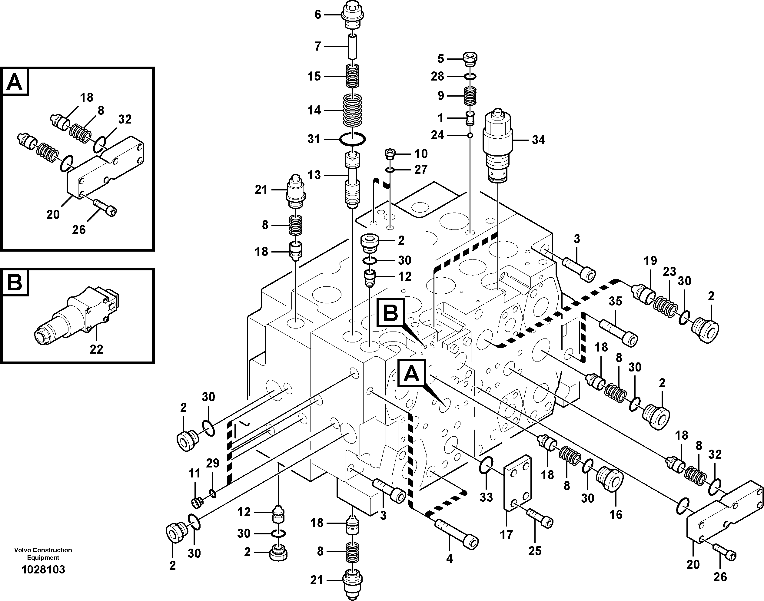 Схема запчастей Volvo EC360C - 18768 Main control valve, relief valve and dipper arm holding EC360C