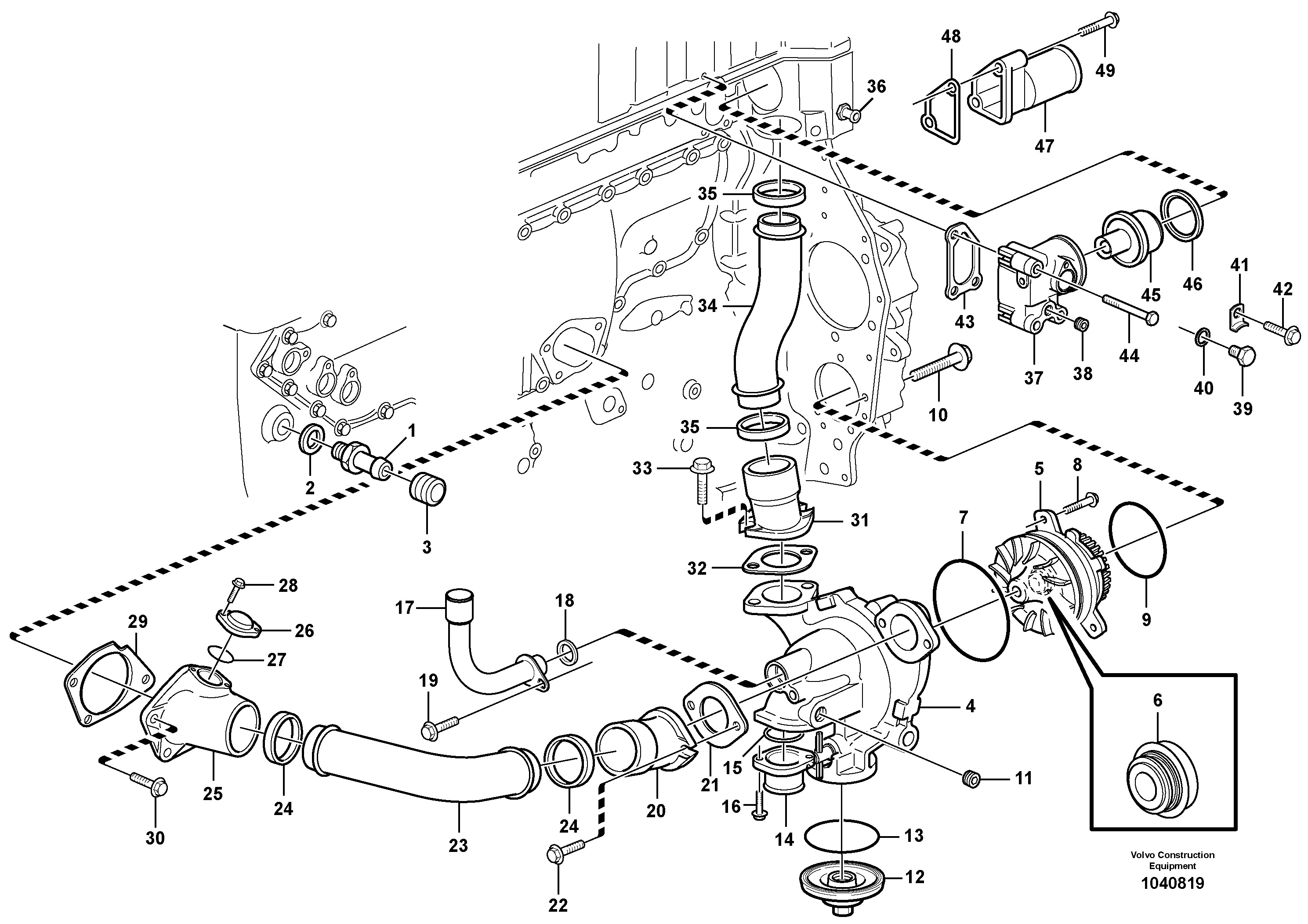 Схема запчастей Volvo EC360C - 103649 Water pump and thermostat housing EC360C S/N 115001-