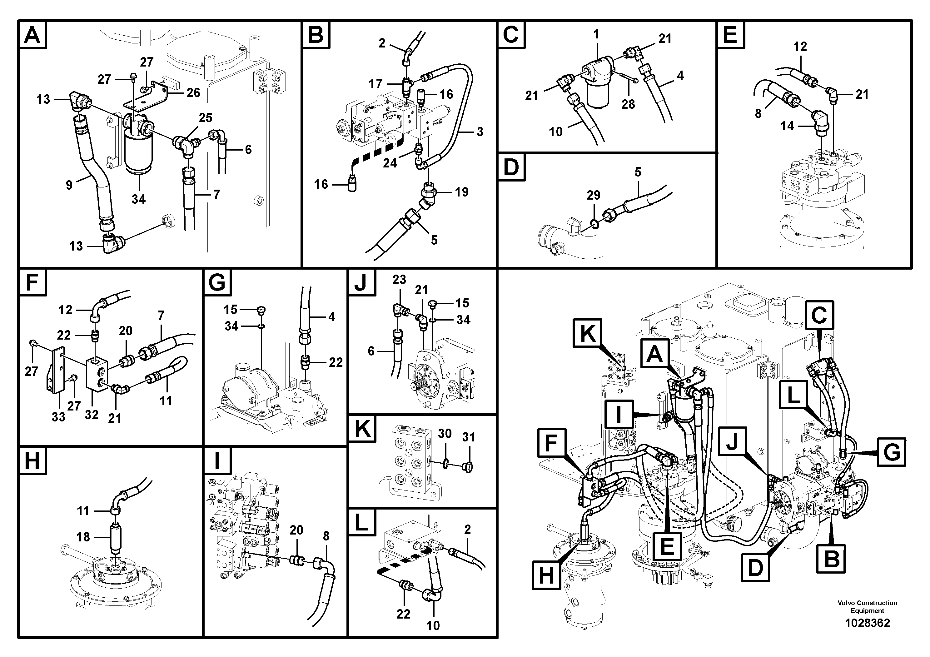 Схема запчастей Volvo ECR145C - 84161 Servo system, pump piping and filter mount ECR145C
