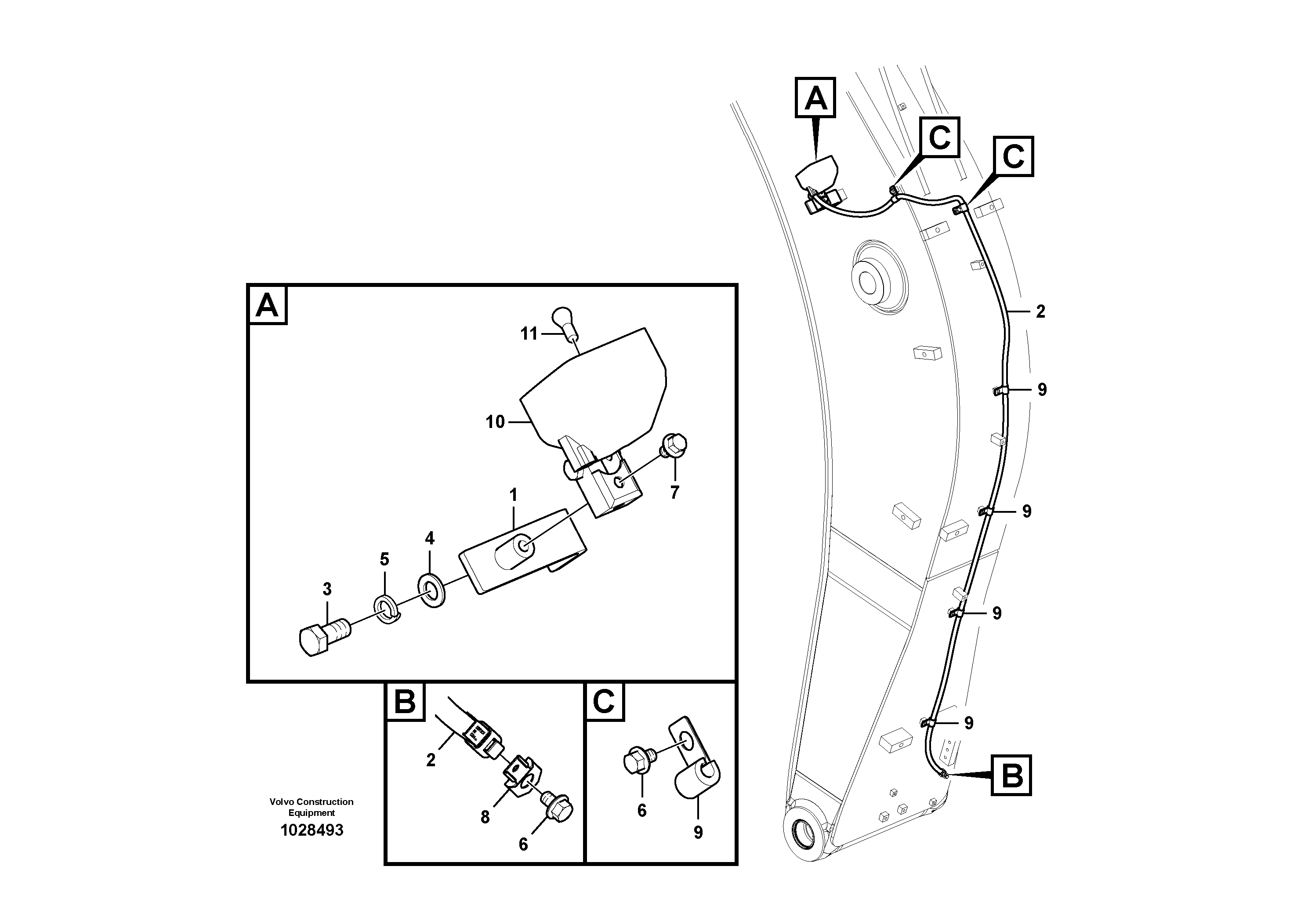 Схема запчастей Volvo EC140C - 8825 Working lamp on boom EC140C