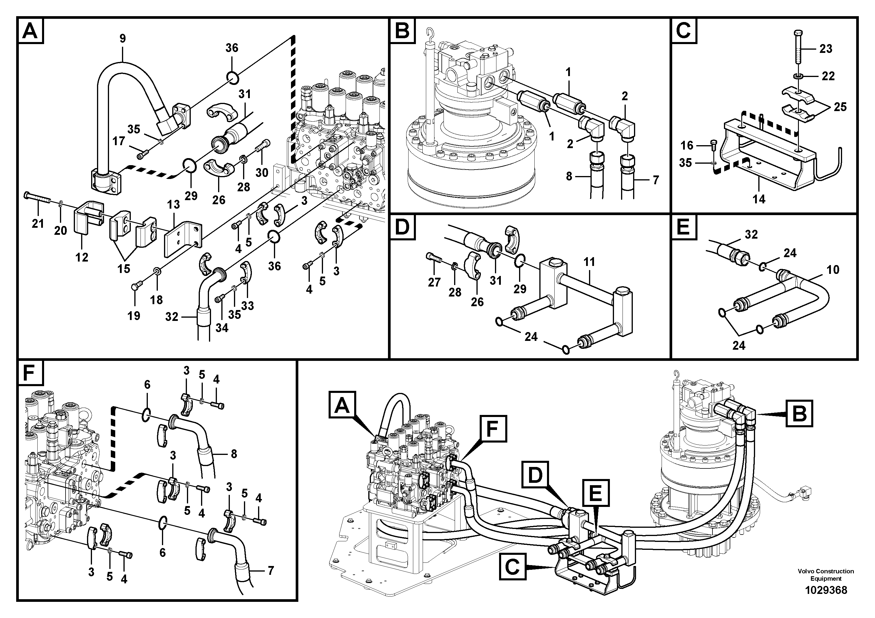 Схема запчастей Volvo ECR305C - 96129 Hydraulic system, control valve to boom and swing ECR305C