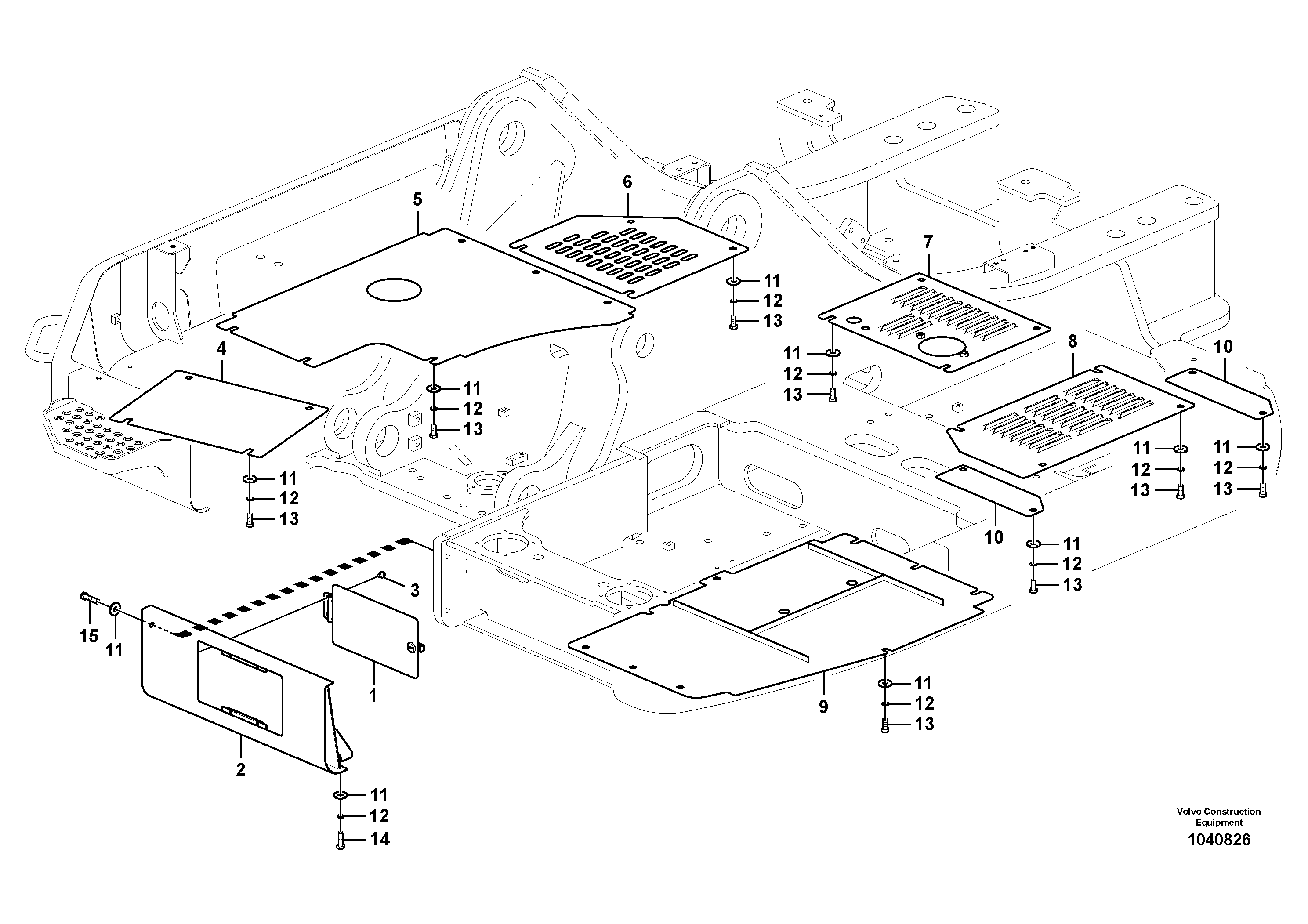 Схема запчастей Volvo ECR305C - 54482 Hatches under engine, hydr.pumps, cooler, m.valve and fuel tank ECR305C