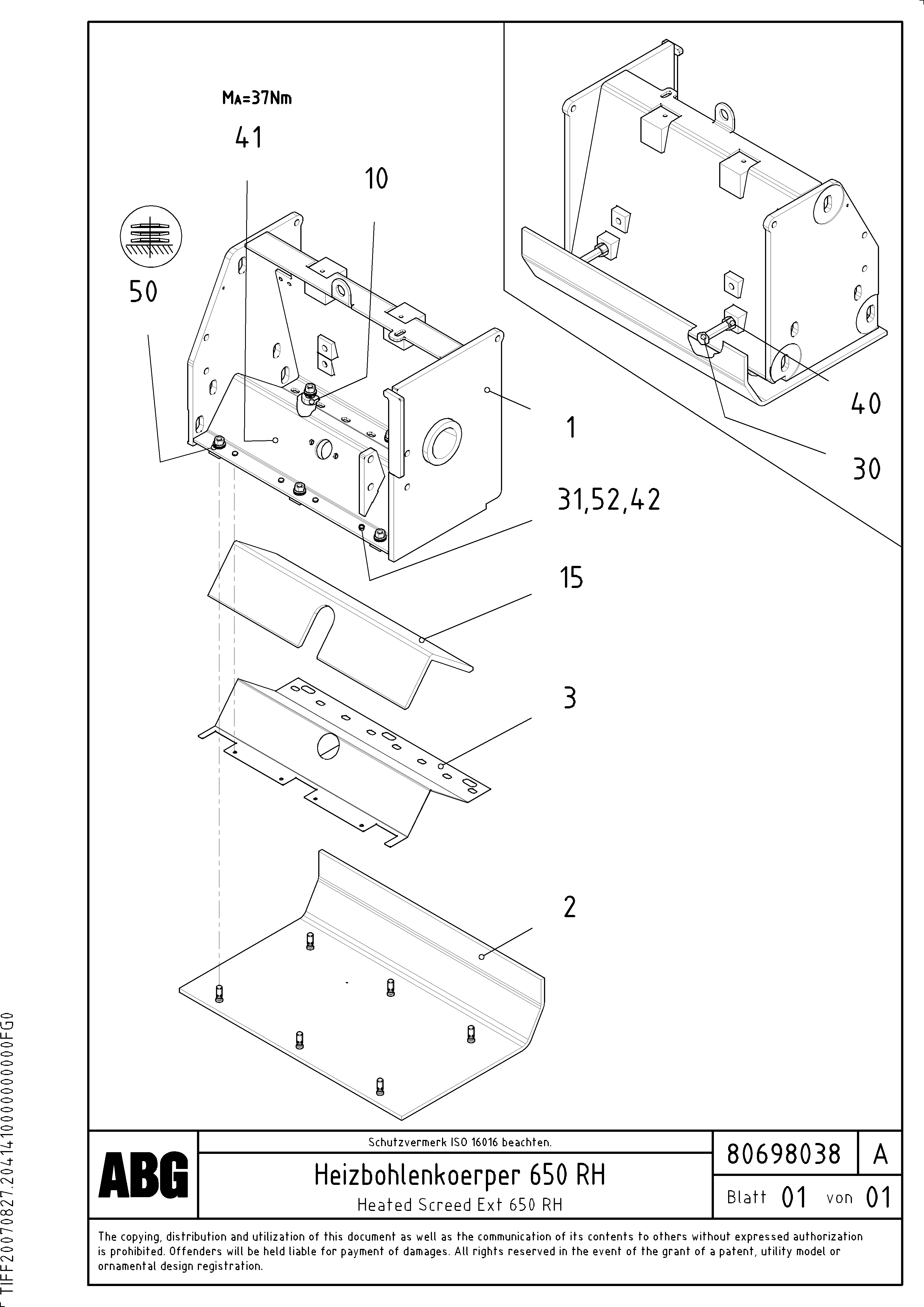 Схема запчастей Volvo ABG3870 - 63639 Heated body for screed extension VB-V 50 ATT. SCREEDS 2,0 - 5,0M ABG3870