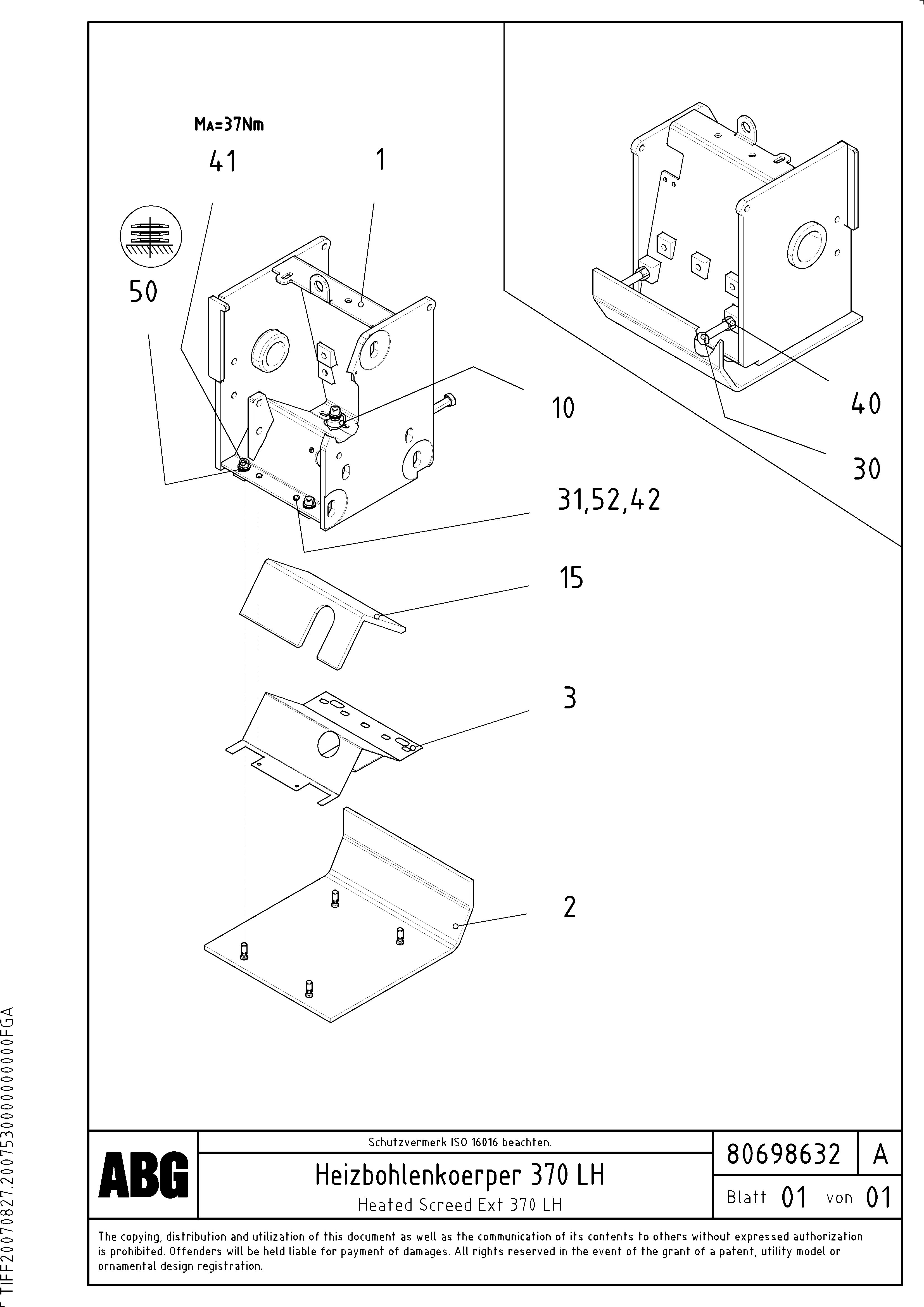 Схема запчастей Volvo ABG3870 - 64223 Heated body for screed extension VB-V 50 ATT. SCREEDS 2,0 - 5,0M ABG3870