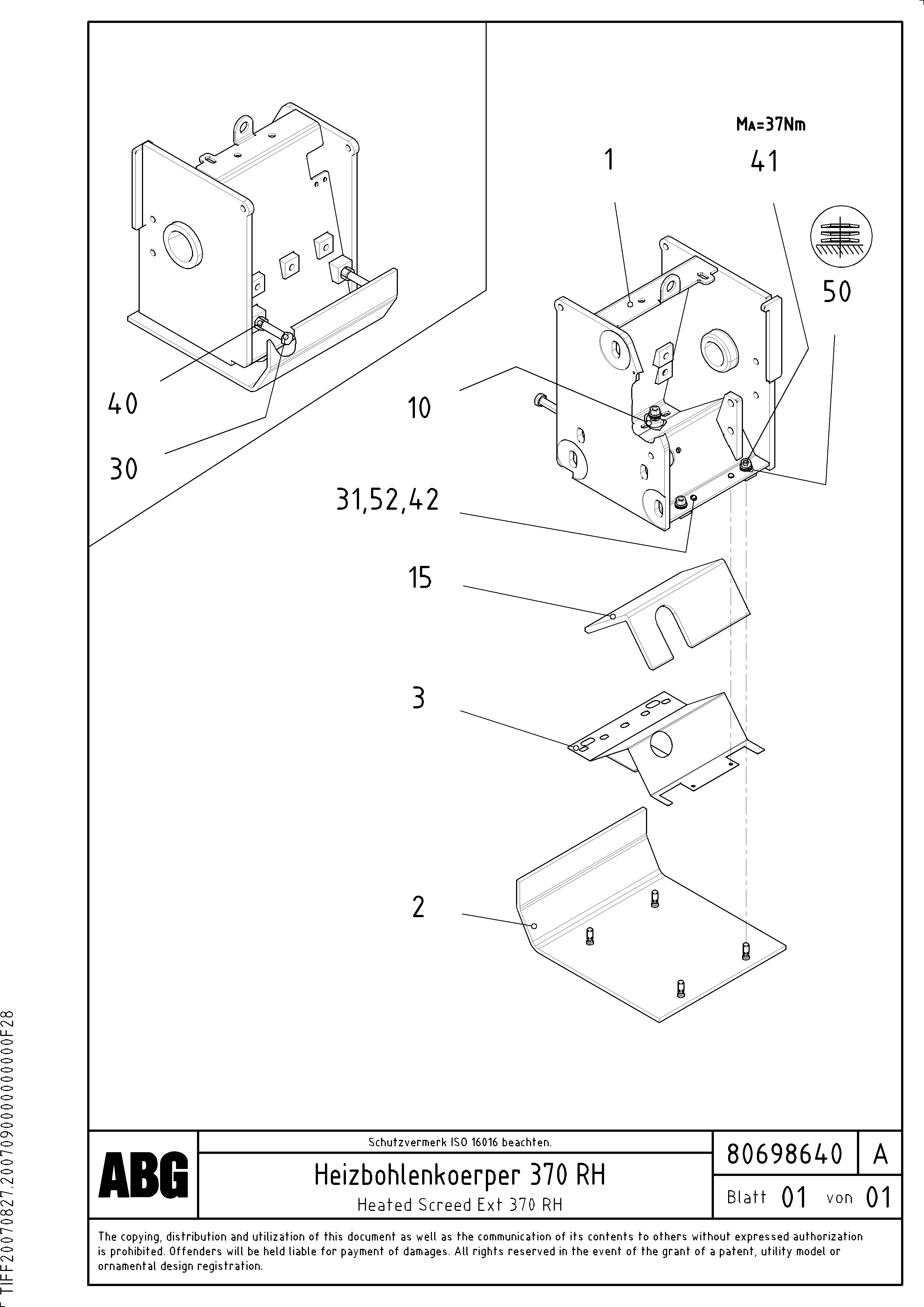 Схема запчастей Volvo ABG3870 - 64225 Heated body for screed extension VB-V 50 ATT. SCREEDS 2,0 - 5,0M ABG3870