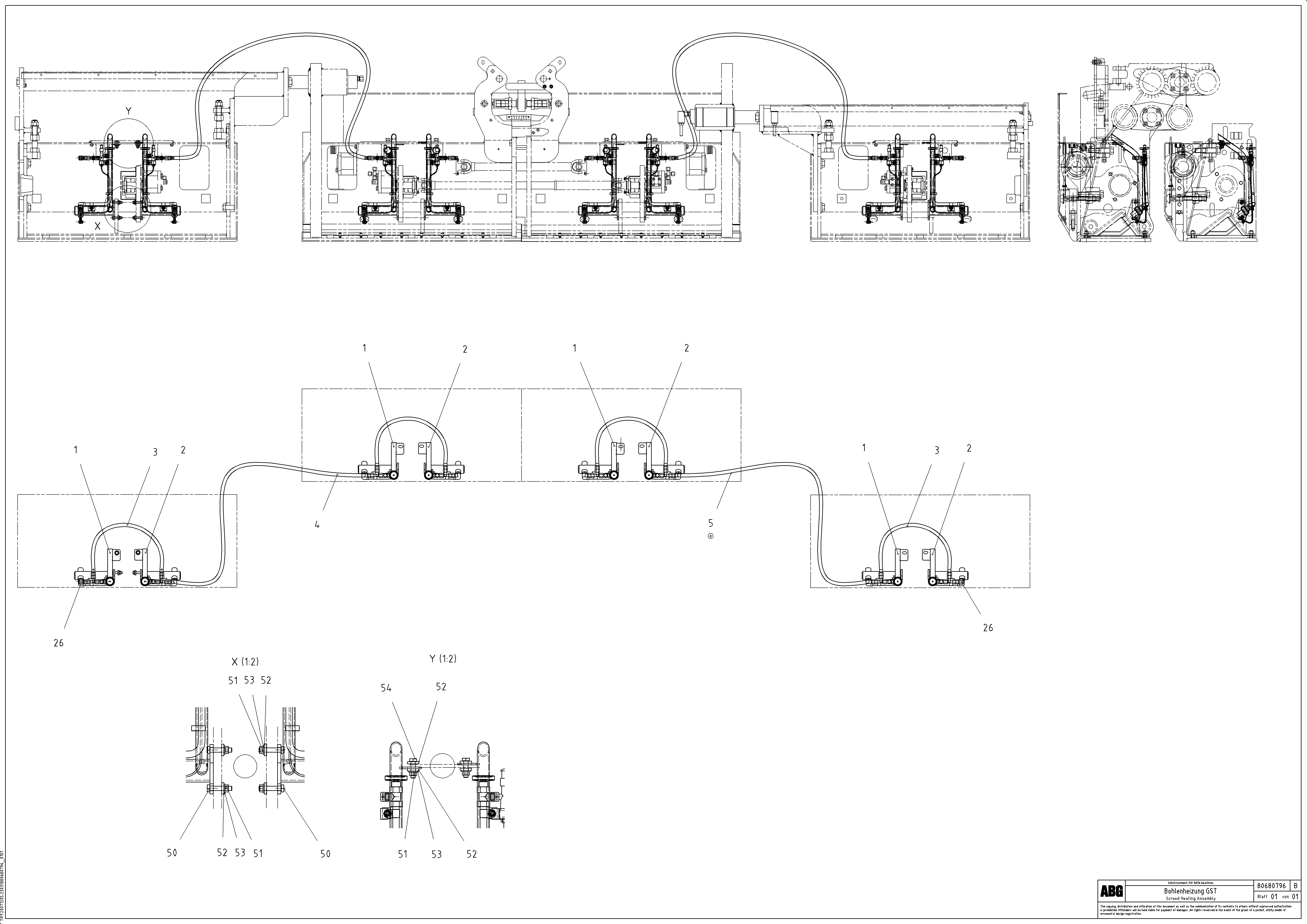 Схема запчастей Volvo ABG3870 - 63995 Screed heating assembly on basic and extendable screed VB-V 50 ATT. SCREEDS 2,0 - 5,0M ABG3870