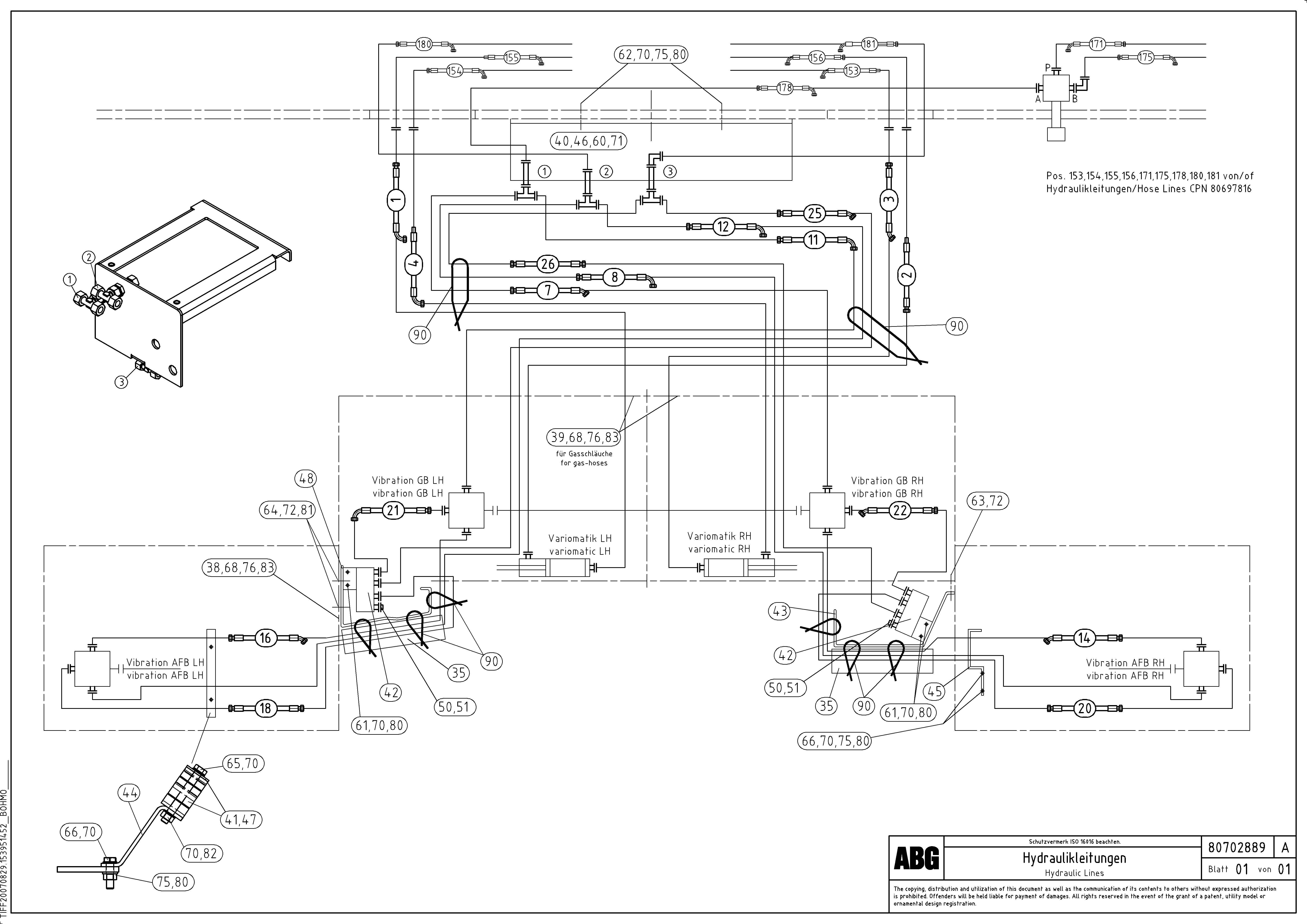 Схема запчастей Volvo ABG3870 - 77170 Hose Lines on basic and extendable screeds VB-V 50 ATT. SCREEDS 2,0 - 5,0M ABG3870