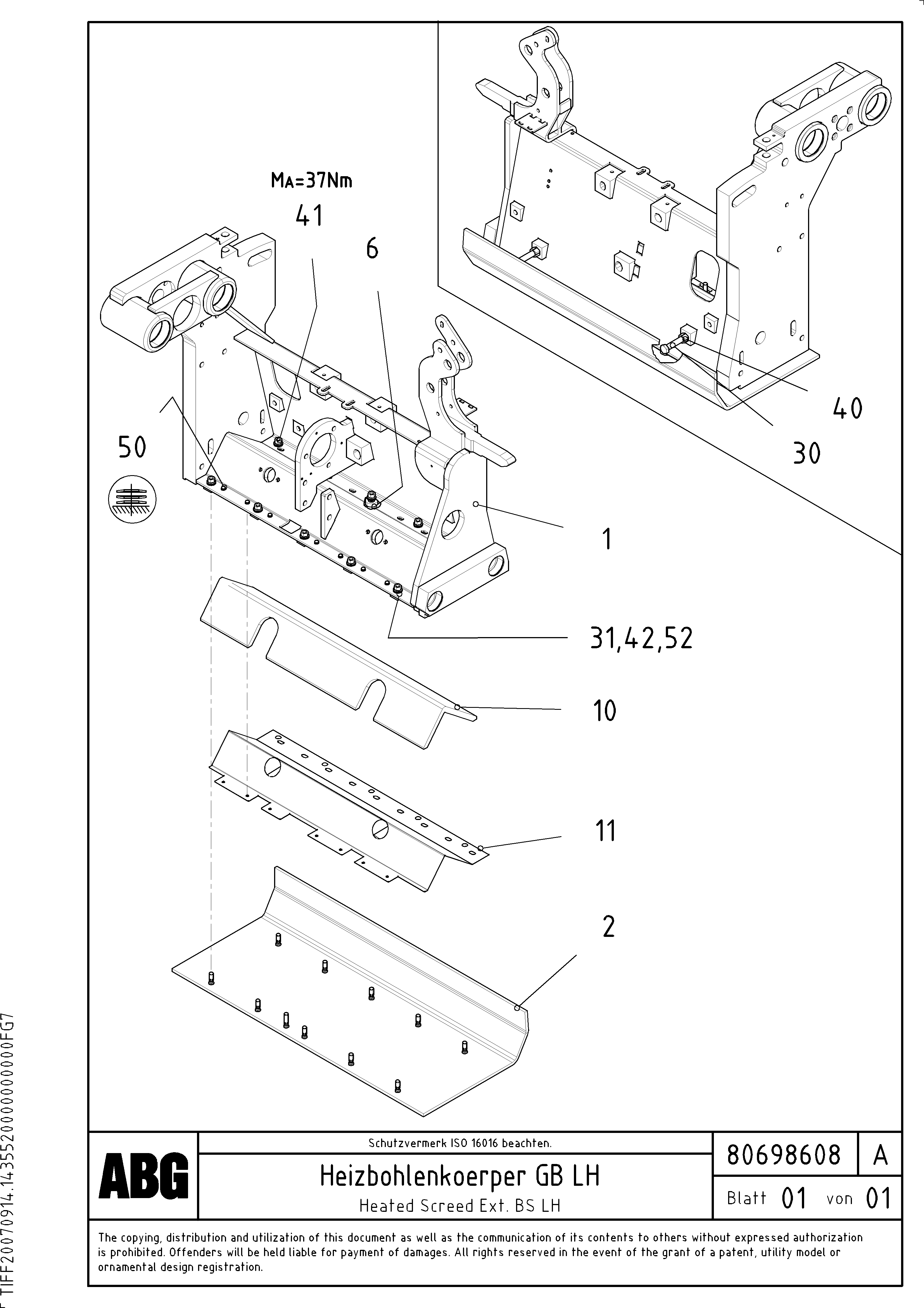 Схема запчастей Volvo ABG3870 - 63629 Heated body for basic screed VB-V 50 ATT. SCREEDS 2,0 - 5,0M ABG3870