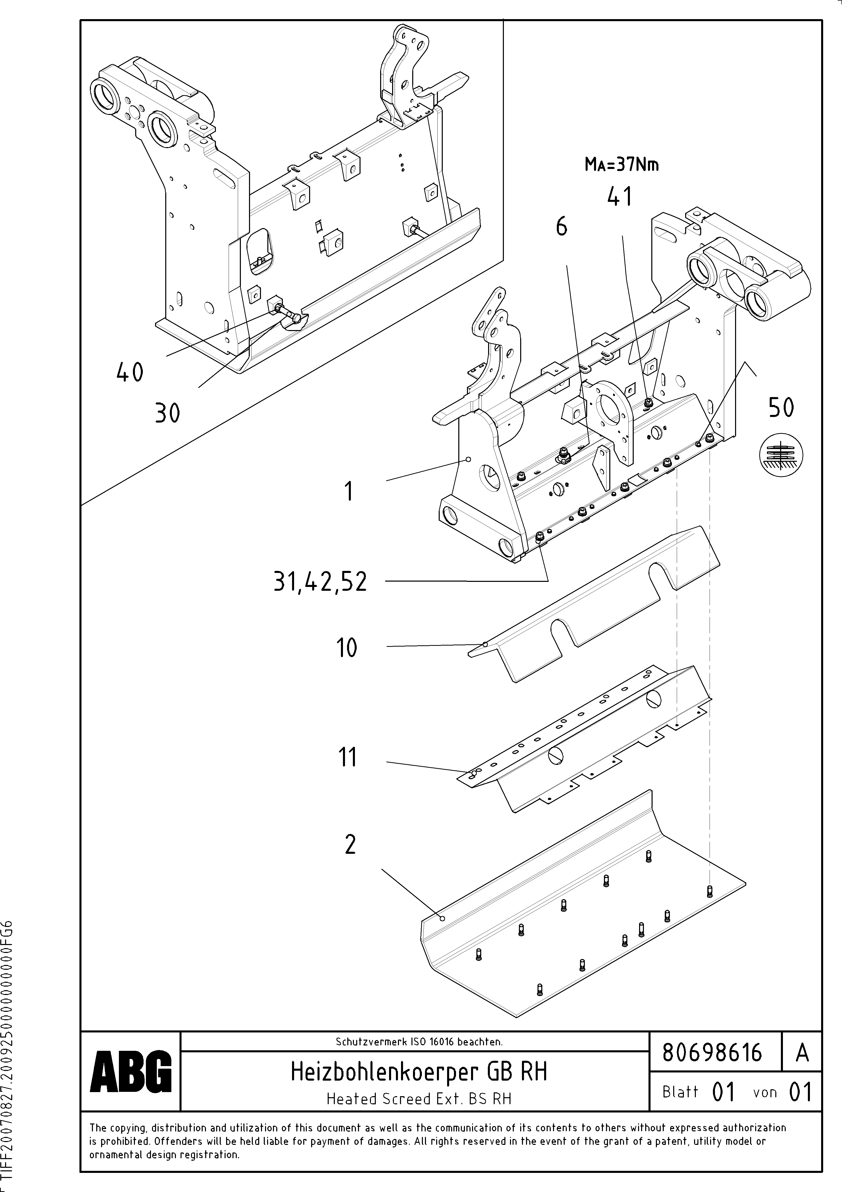 Схема запчастей Volvo ABG3870 - 63631 Heated body for basic screed VB-V 50 ATT. SCREEDS 2,0 - 5,0M ABG3870