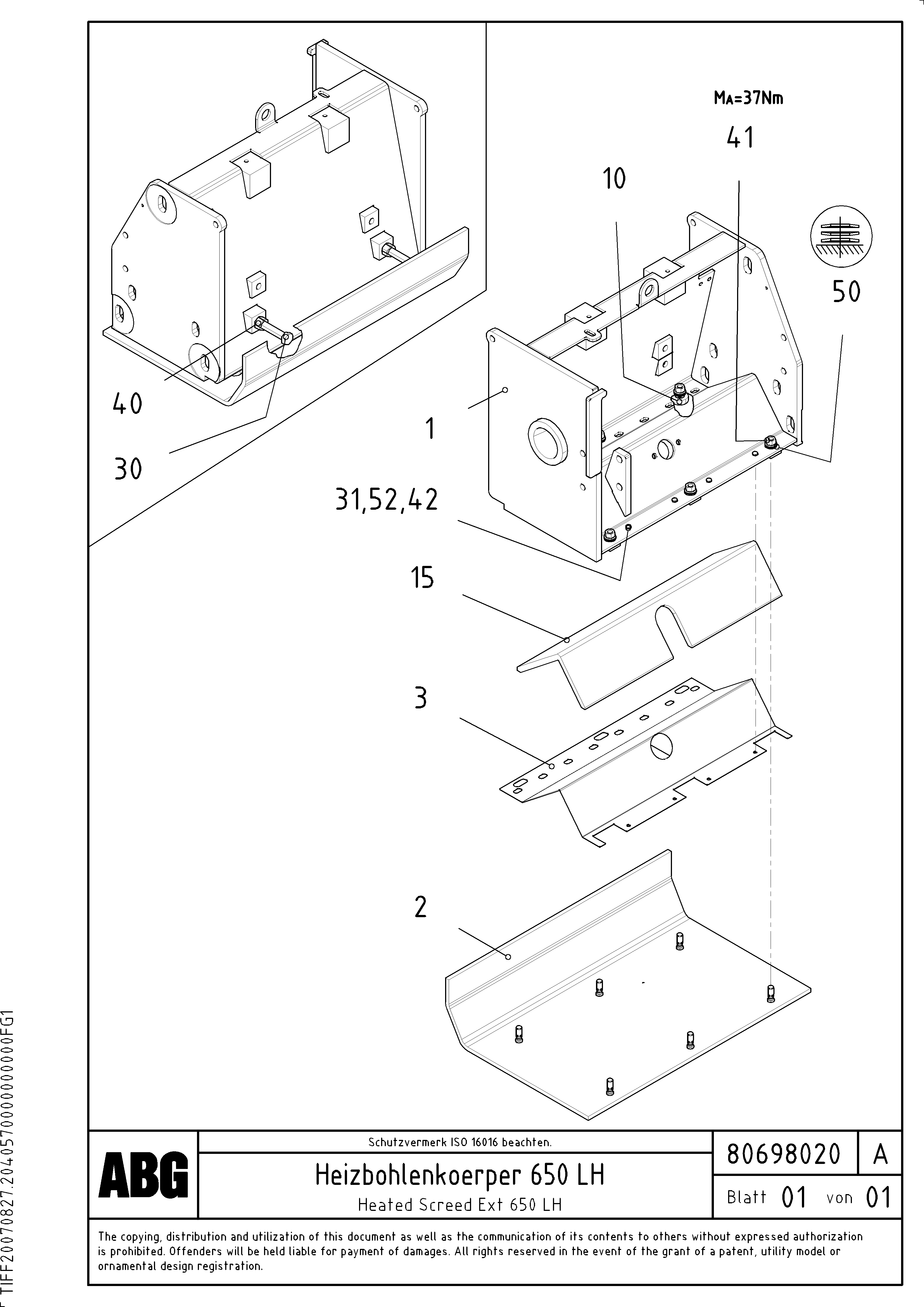 Схема запчастей Volvo ABG3870 - 63637 Heated body for screed extension VB-V 50 ATT. SCREEDS 2,0 - 5,0M ABG3870