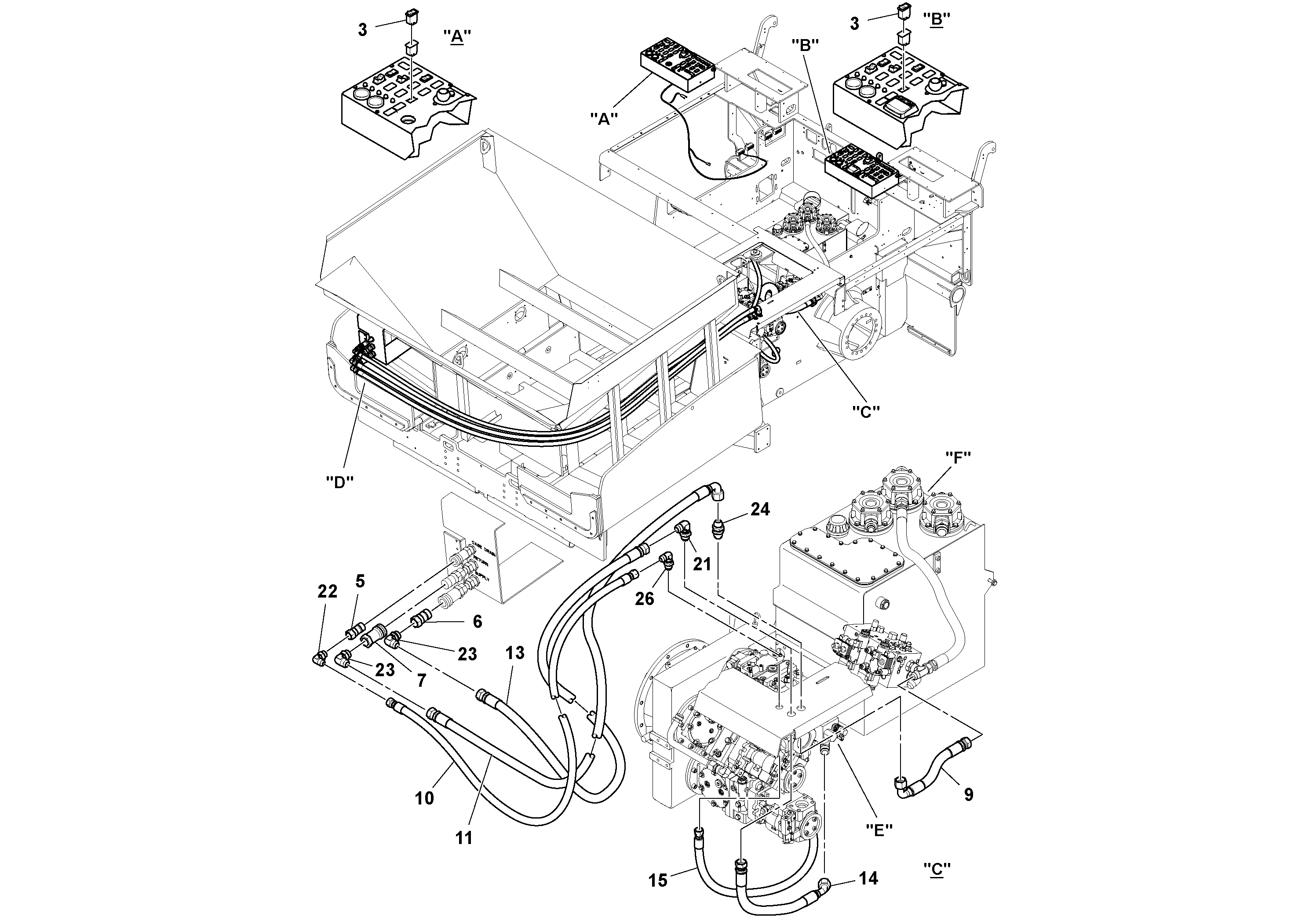 Схема запчастей Volvo PF6170 - 87664 Mixer Tub Hydraulic Installation PF6160/PF6170