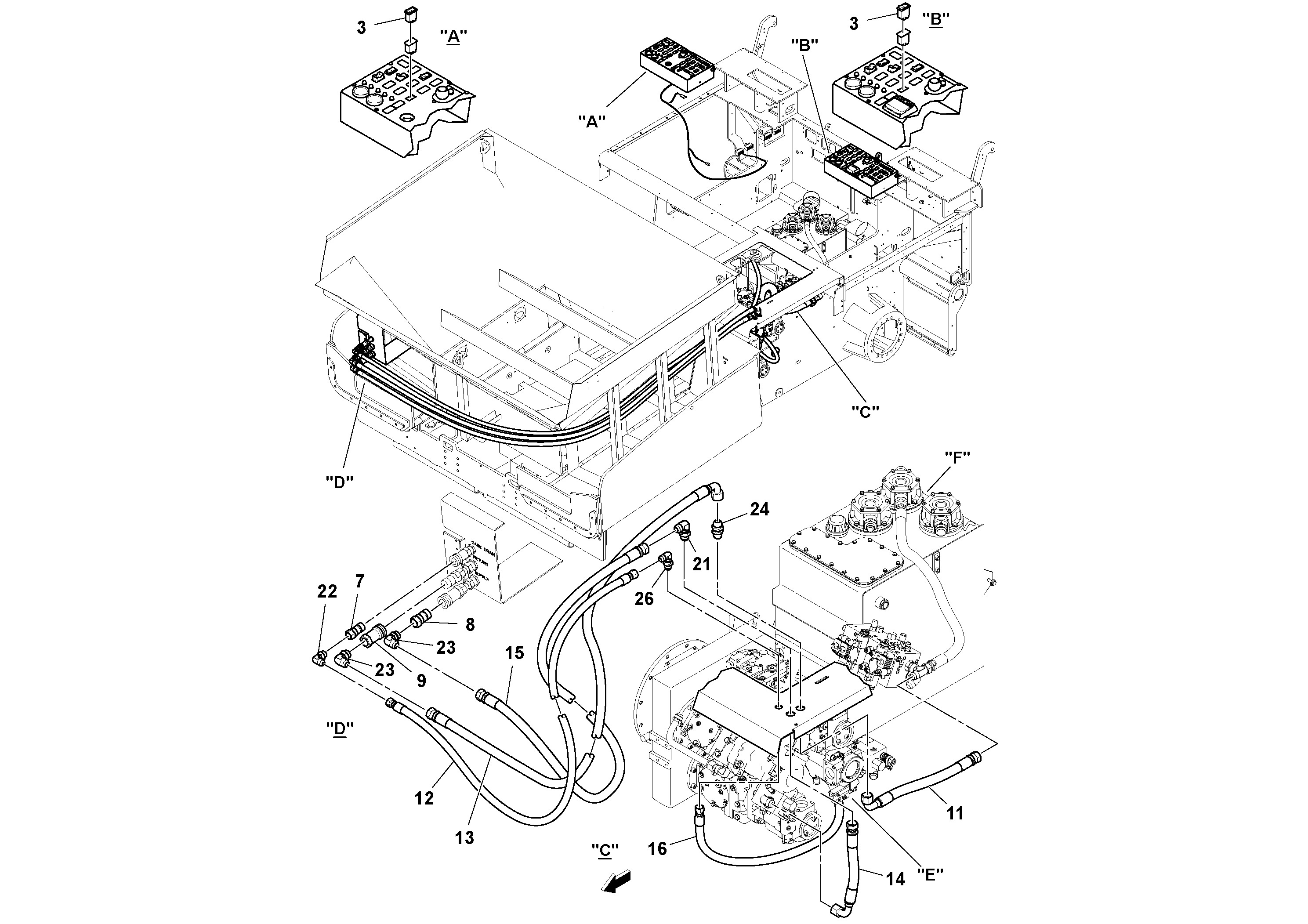 Схема запчастей Volvo PF6170 - 94110 Mixer Tub Hydraulic Installation PF6160/PF6170