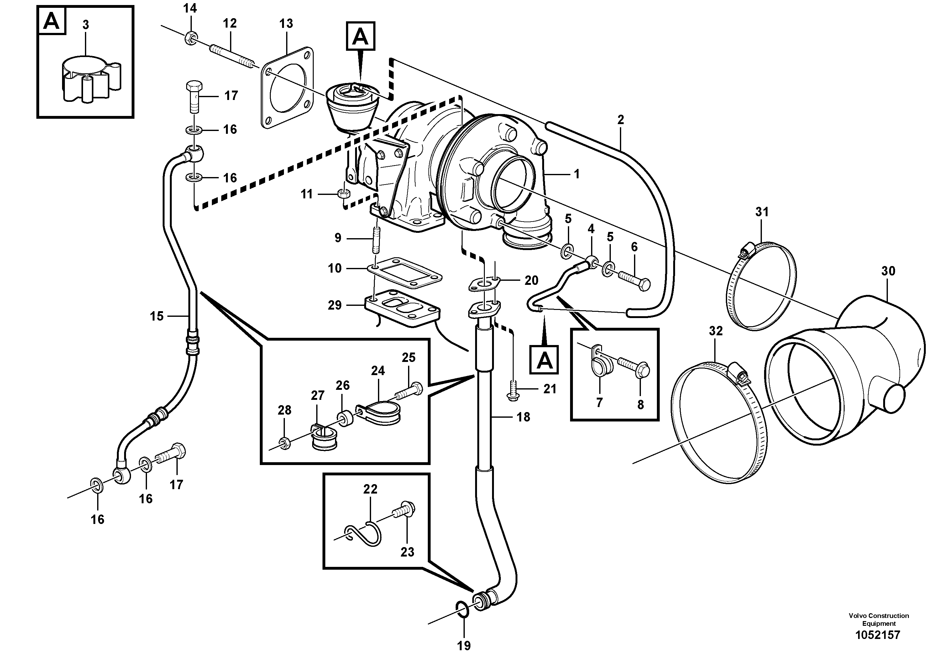 Схема запчастей Volvo ABG8820 - 37317 Турбокомпрессор (турбина) с установочными деталями ABG8820/ABG8820B ABG8820 S/N 21098-23354 ABG8820B S/N 23355-