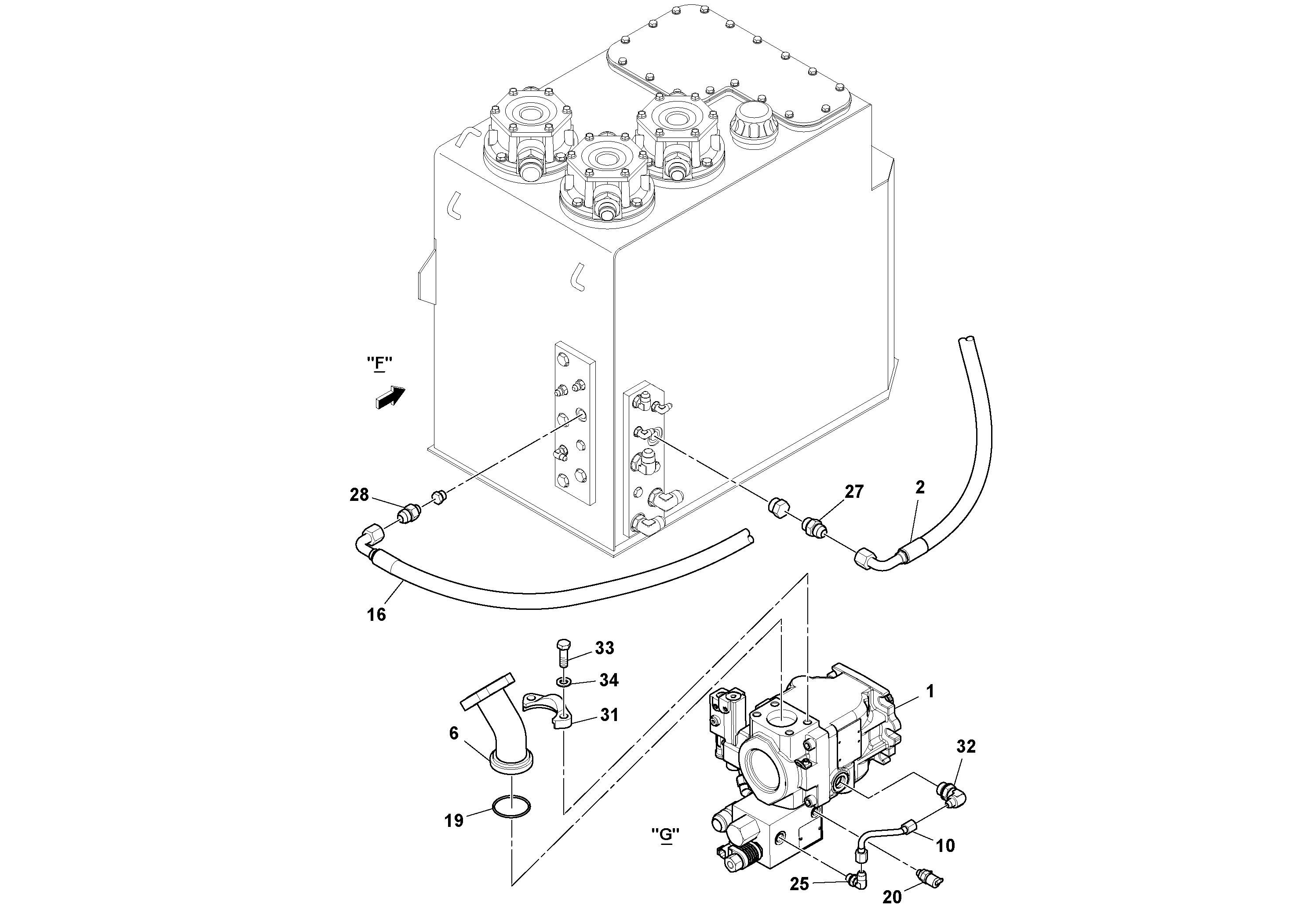Схема запчастей Volvo PF6110 - 106418 Mixer Tub Hydraulic Installation PF6110 S/N 197474 -