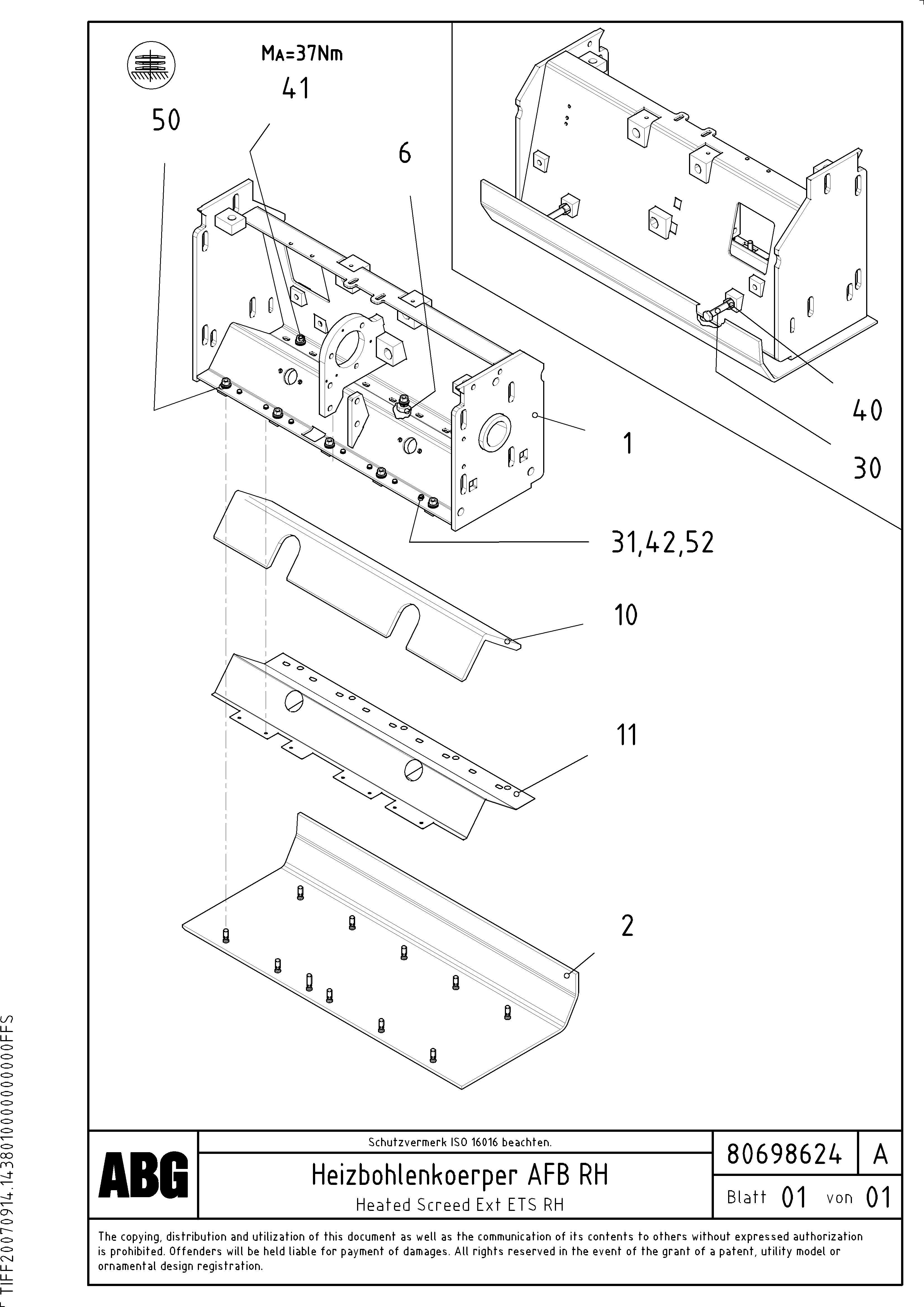Схема запчастей Volvo VB-V 50 ATT. SCREEDS 2,0 - 5,0M ABG3870 - 63635 Heated body for extendable screed 