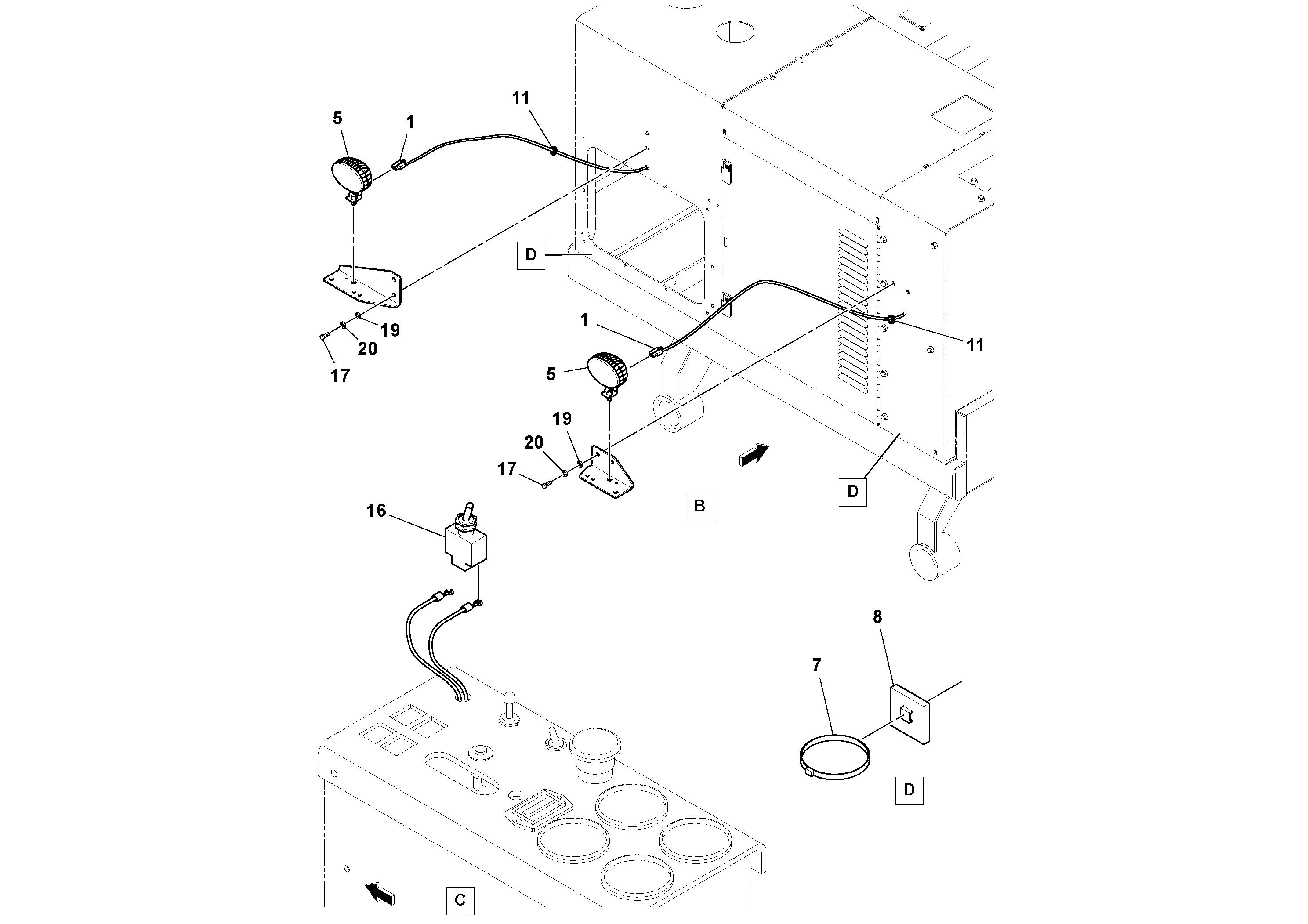 Схема запчастей Volvo PT125R S/N 197470- - 61625 Work Lights Installation 