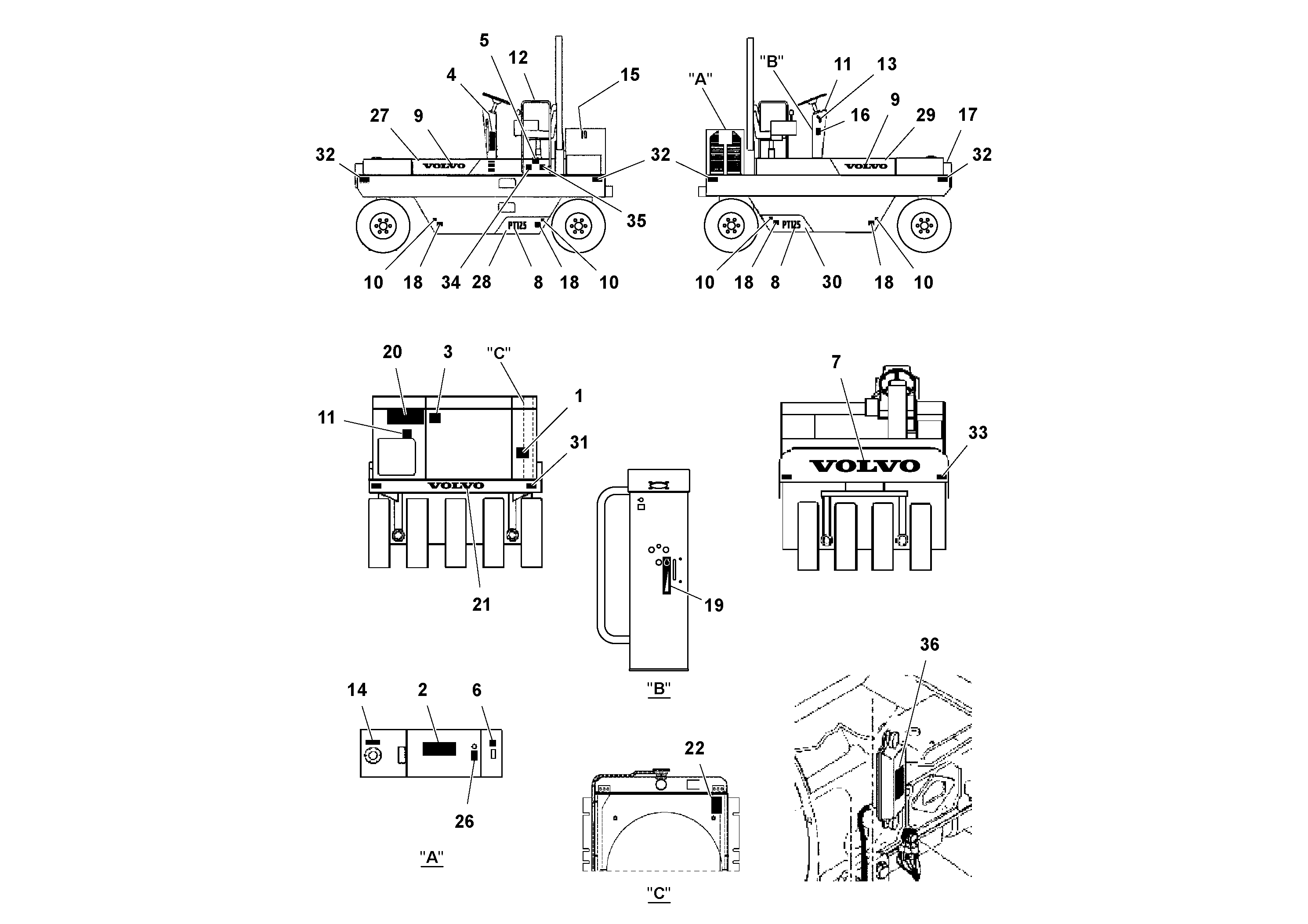 Схема запчастей Volvo PT125R S/N 197470- - 86182 Decal Installation 