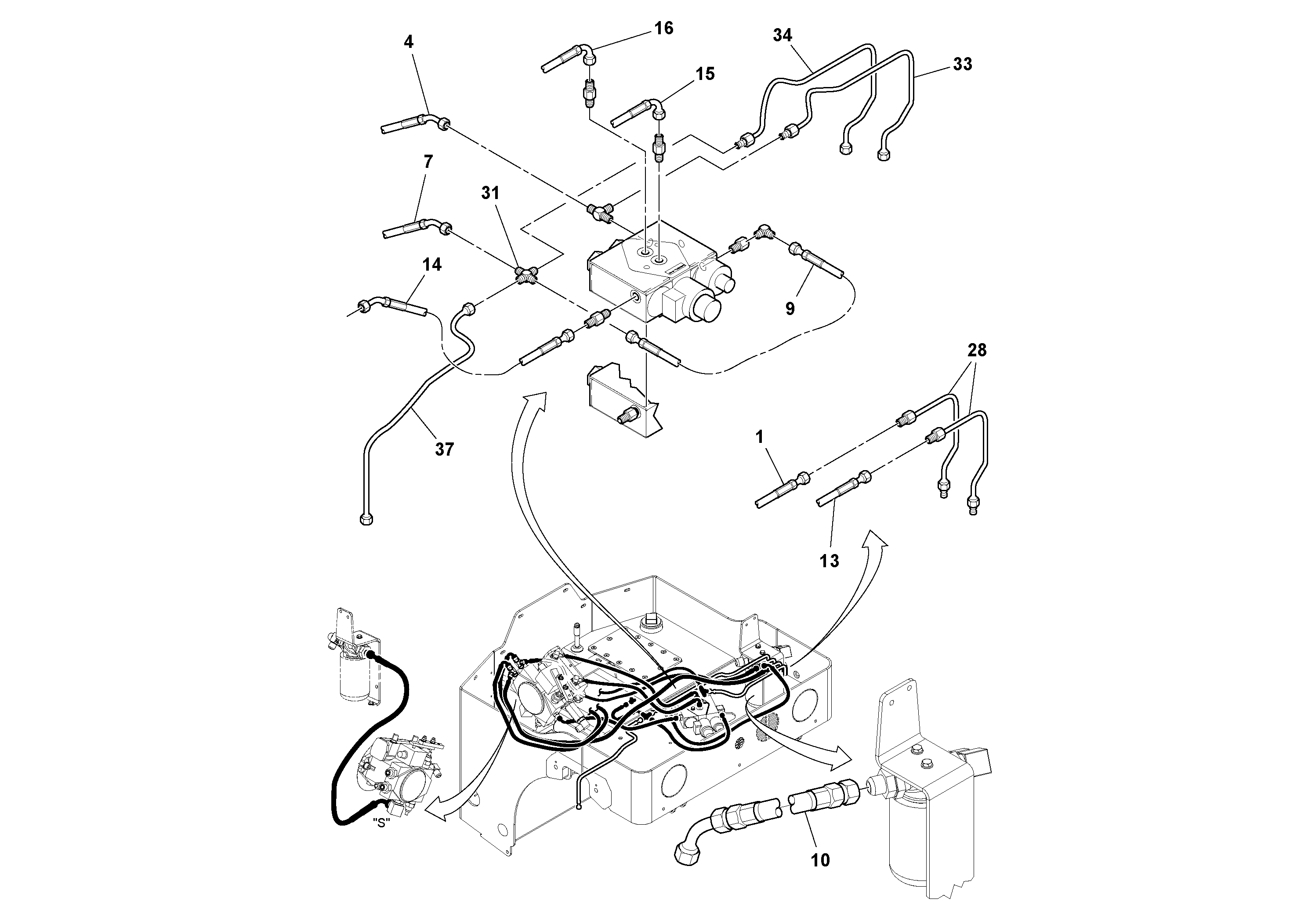 Схема запчастей Volvo DD14S/DD16 S/N 197600 - - 76157 Hydraulic Hoses/Tube Clamp Installation 