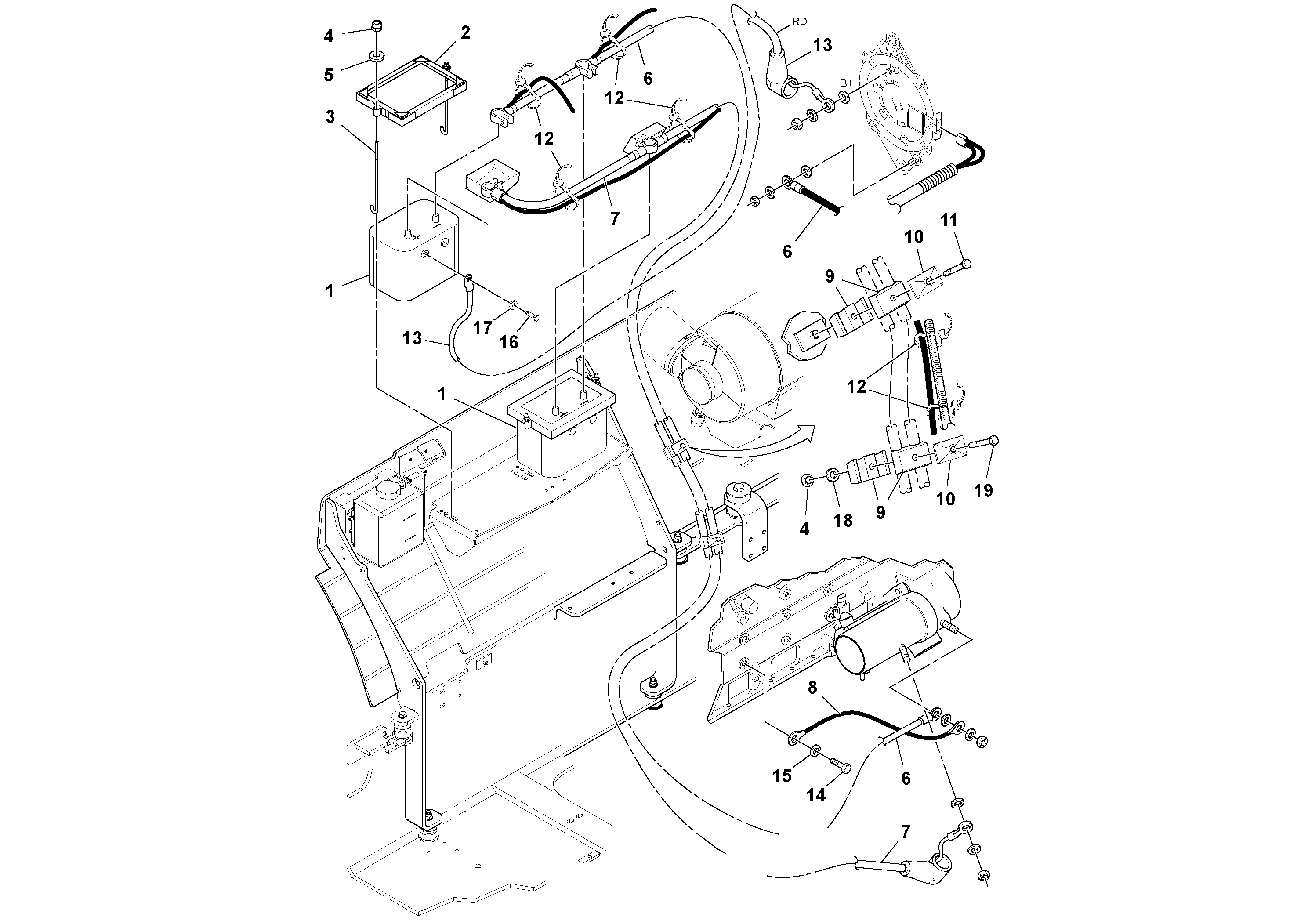 Схема запчастей Volvo DD112HF/DD118HF/HA/HFA S/N 197518 - - 106017 Battery installation 