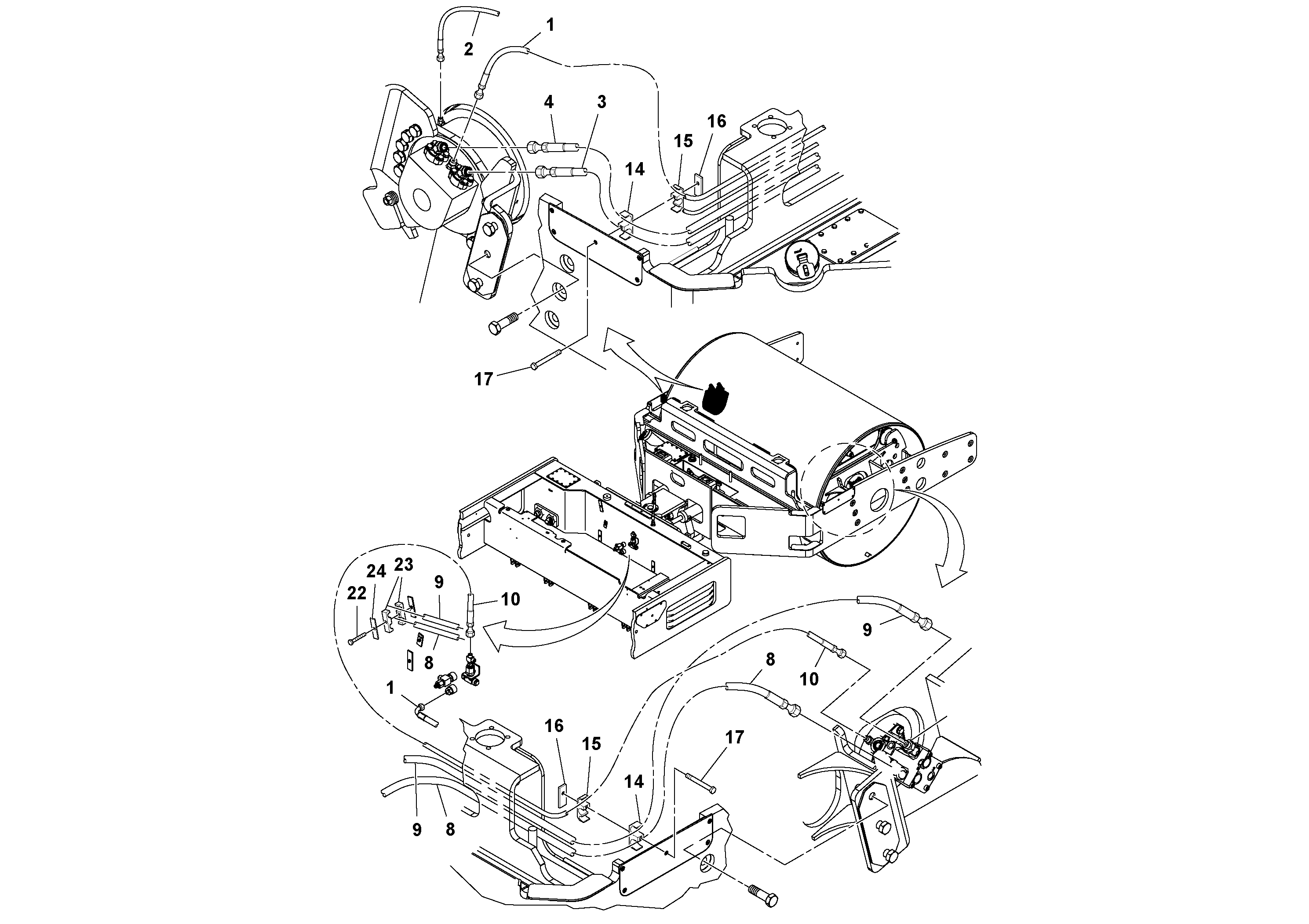 Схема запчастей Volvo DD112HF/DD118HF/HA/HFA S/N 197518 - - 61143 Front Hose Installation 