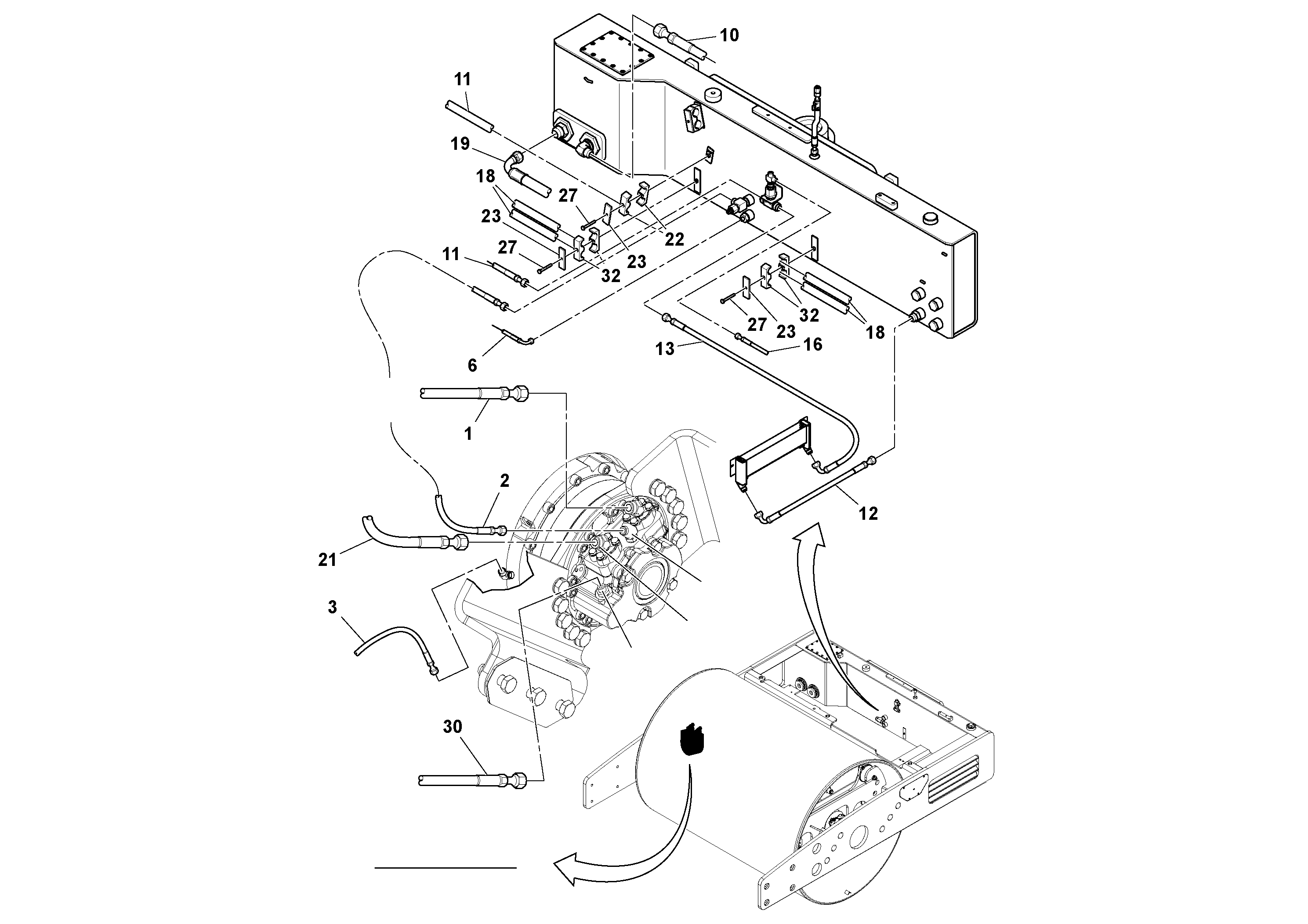 Схема запчастей Volvo DD112HF/DD118HF/HA/HFA S/N 197518 - - 61417 Rear Hose Installation 