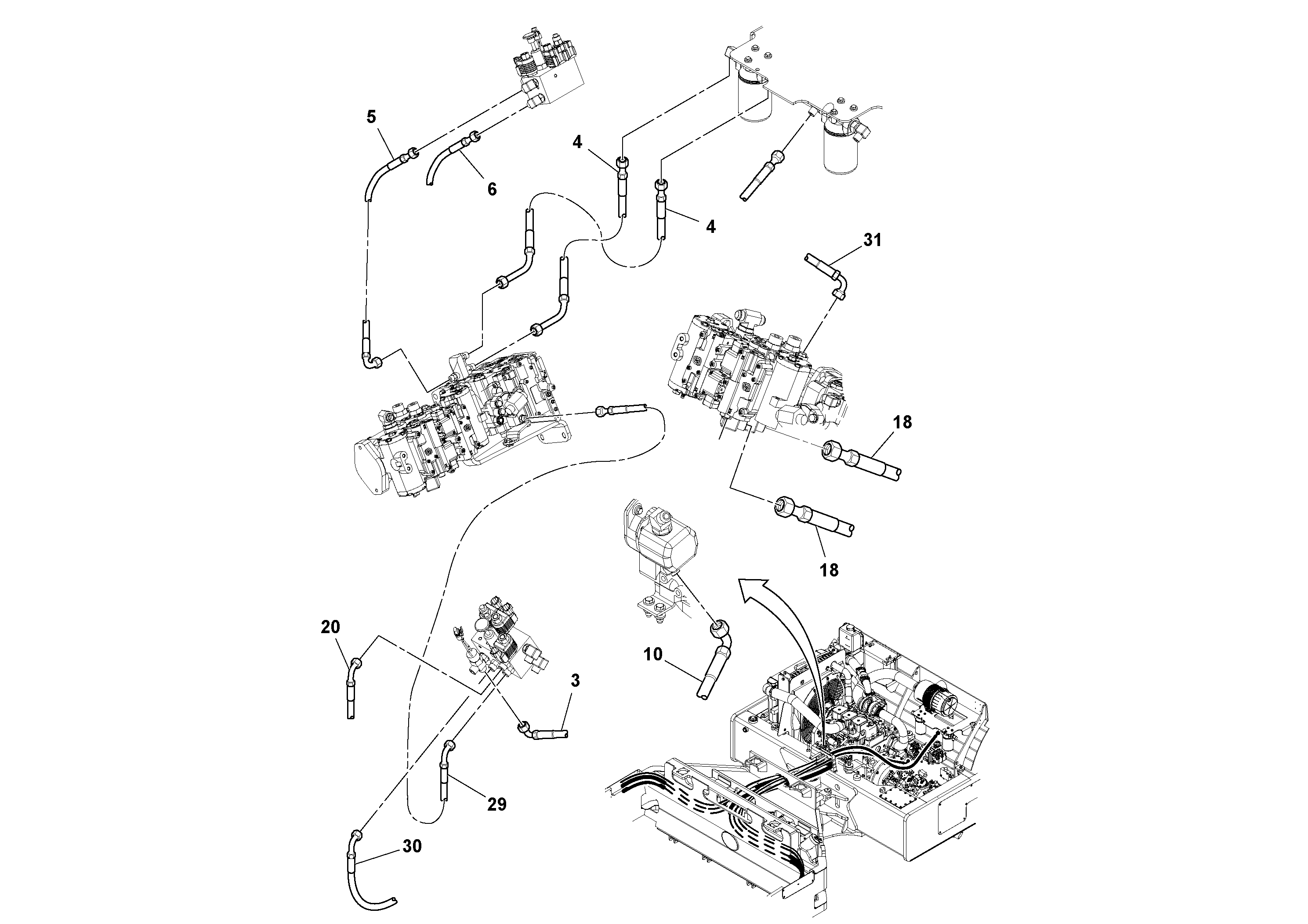 Схема запчастей Volvo DD112HF/DD118HF/HA/HFA S/N 197518 - - 61454 Rear Hose Installation 