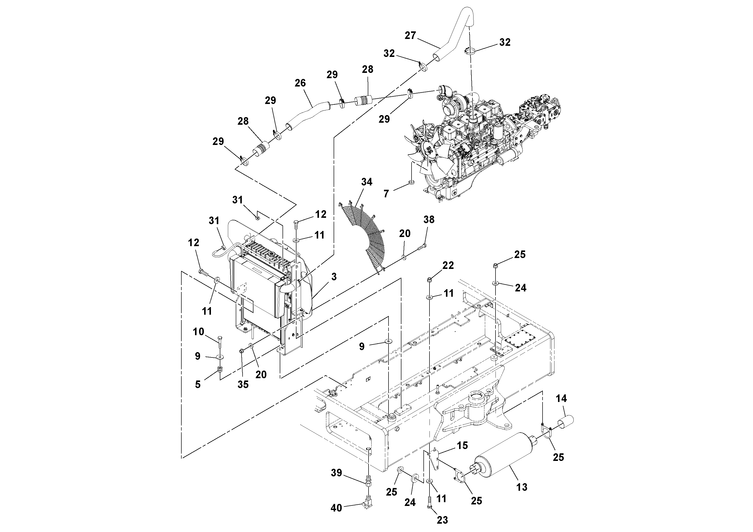 Схема запчастей Volvo DD132HF/DD138HF/HA/HFA S/N 197527- - 16776 Engine and Cooling Installation 