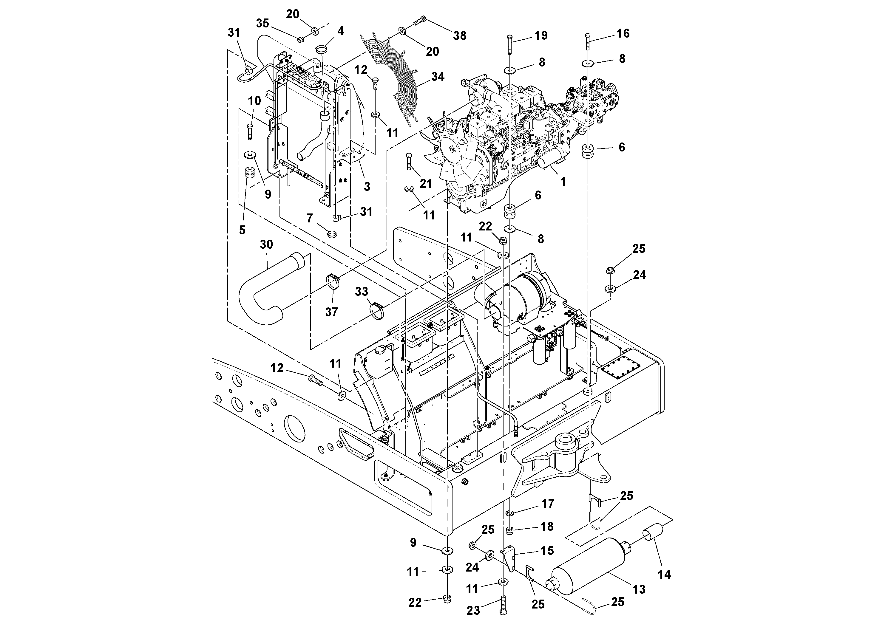 Схема запчастей Volvo DD132HF/DD138HF/HA/HFA S/N 197527- - 16782 Engine and Cooling Installation 