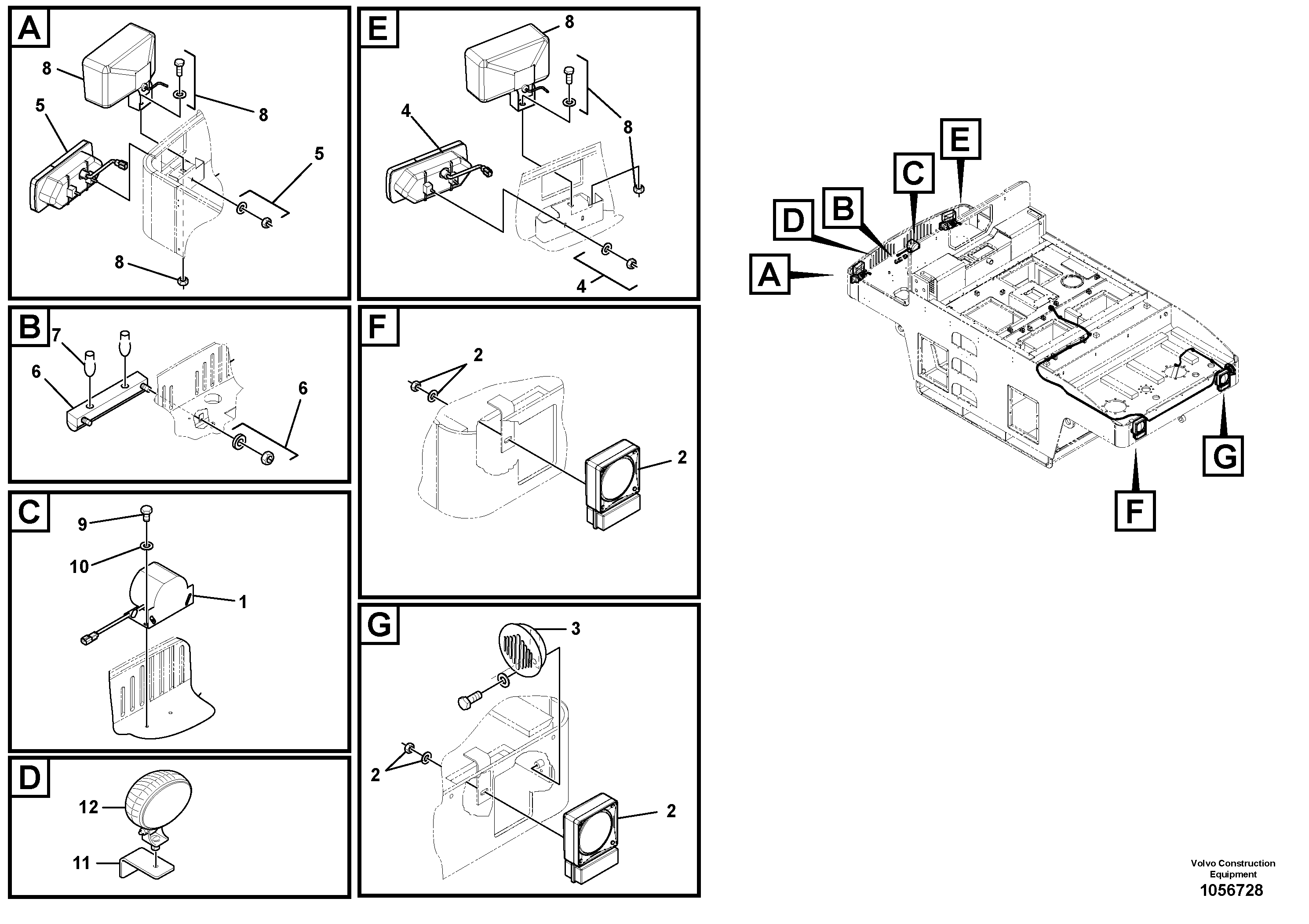 Схема запчастей Volvo PT220RH/PT240RH - 104332 Work Light and Alarm Installation 