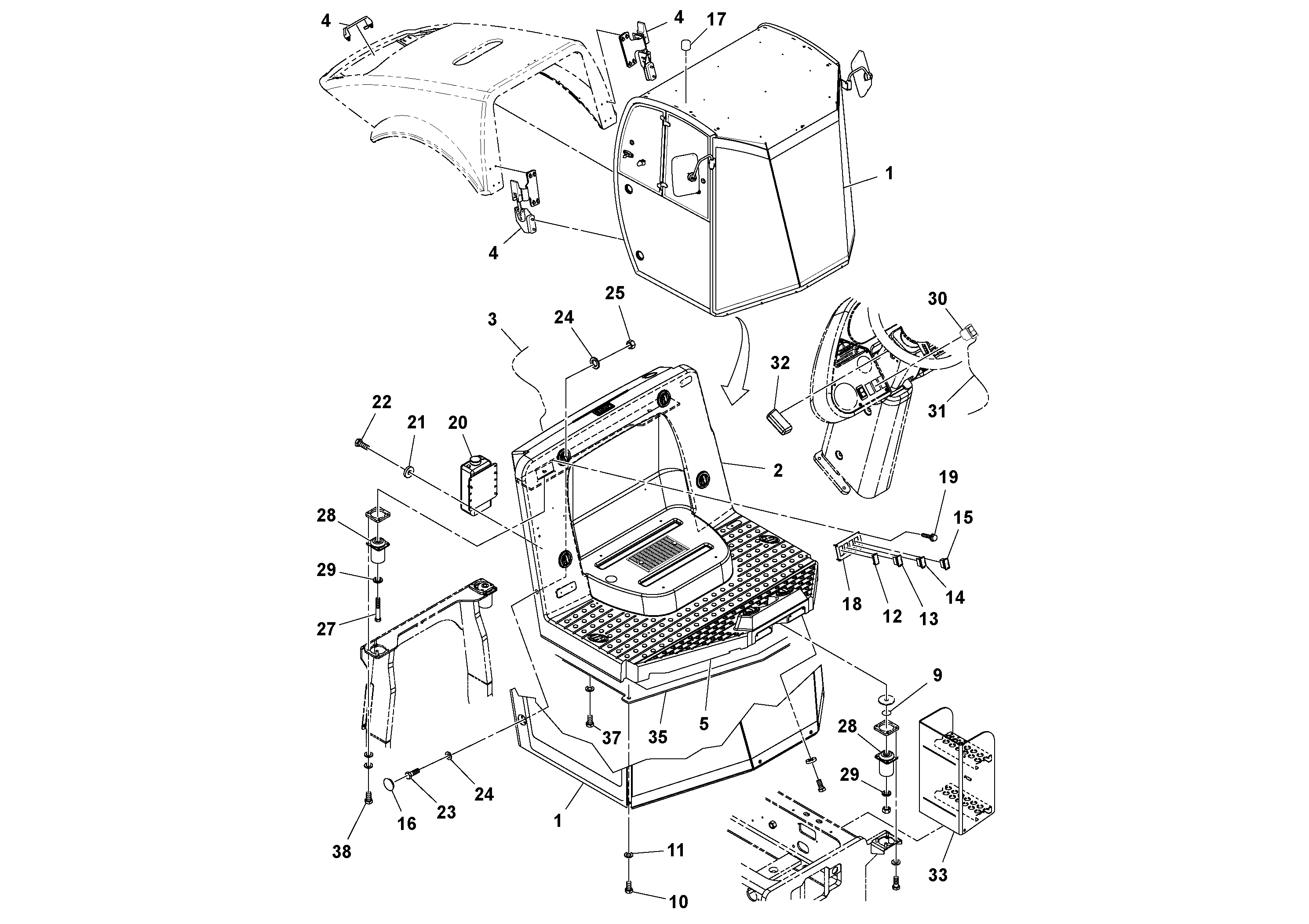 Схема запчастей Volvo SD70D/SD70F/SD77DX/SD77F S/N 197387- - 89834 Pre-cab with Heater Assembly 
